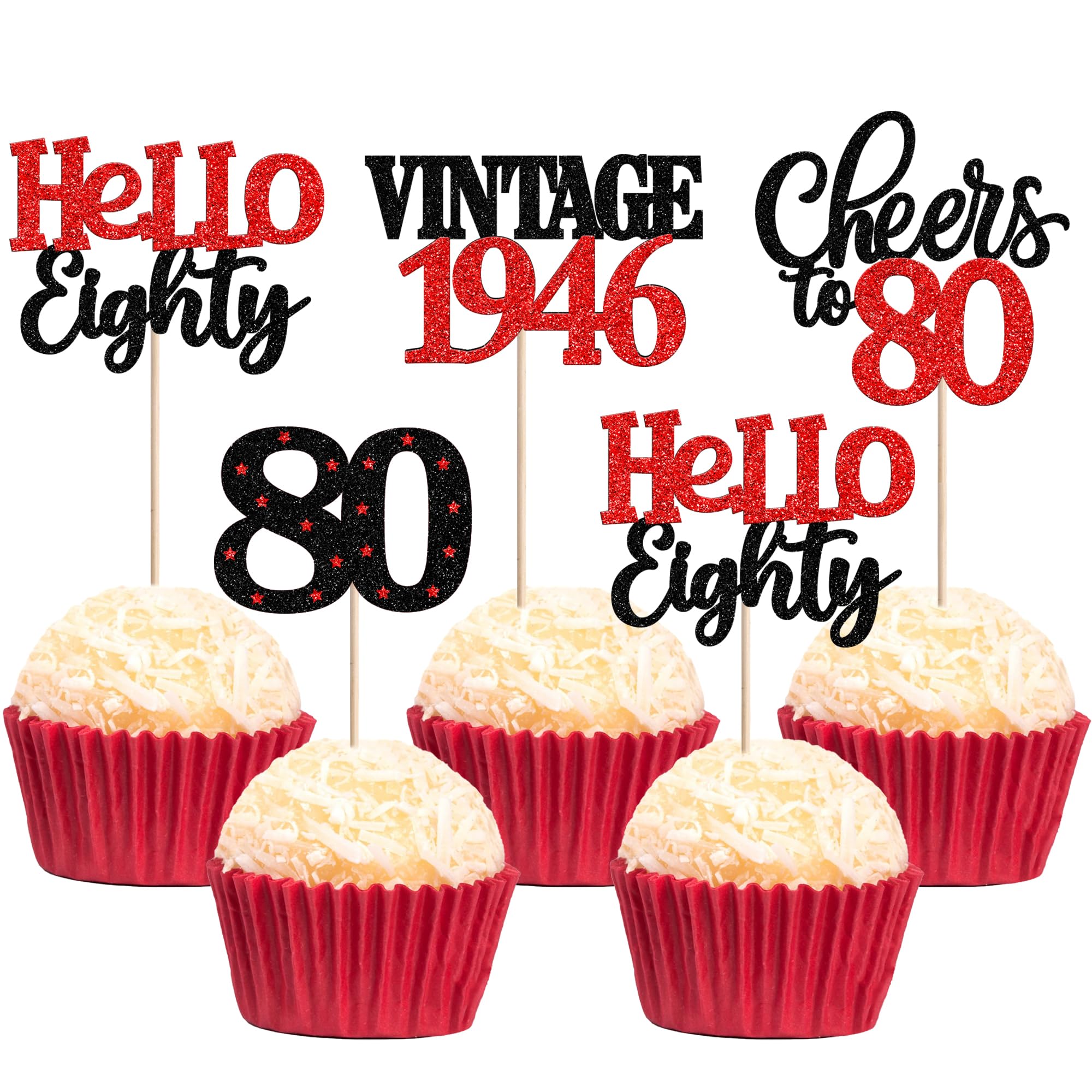 Xsstarmi 24 Pack 80th Birthday Cupcake Toppers Red Glitter 80 Hello Eighty Vintage 1946 Cupcake Picks Cheers to 80 Birthday Cake Decorations for 80 Fabulous Happy 80th Birrthday Party Supplies
