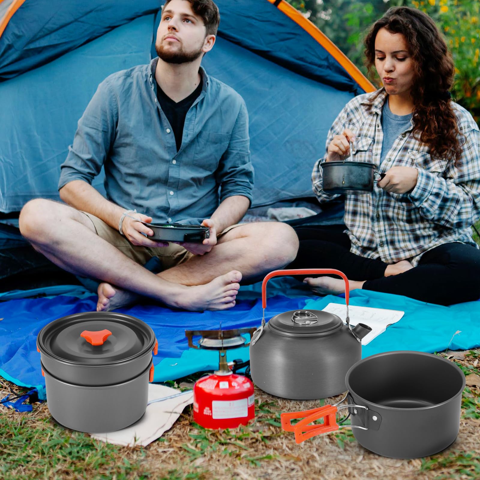 ALLOMN Set da cucina da campeggio, kit di pentole da campeggio portatile con teiera per escursioni, picnic, trekking, picnic, pesca, alpinismo, 1-2 persone
