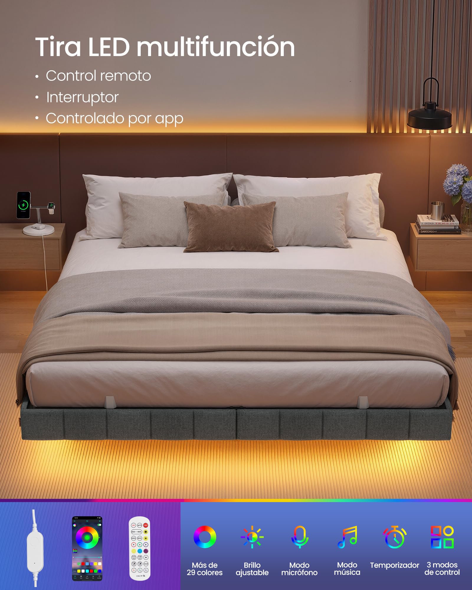 VASAGLE Marco de Cama Flotante, 160 x 200 cm, Bordes Acolchados, LED, 2 Tomas de Corriente, 1 Puerto USB-A, 1 Puerto USB-C, 1 Puerto USB-A Posterior, Carga de 500 kg, Gris Pizarra RMB165G101 | Cama sin cabecero, puertos USB y enchufes, diseño de metal sól