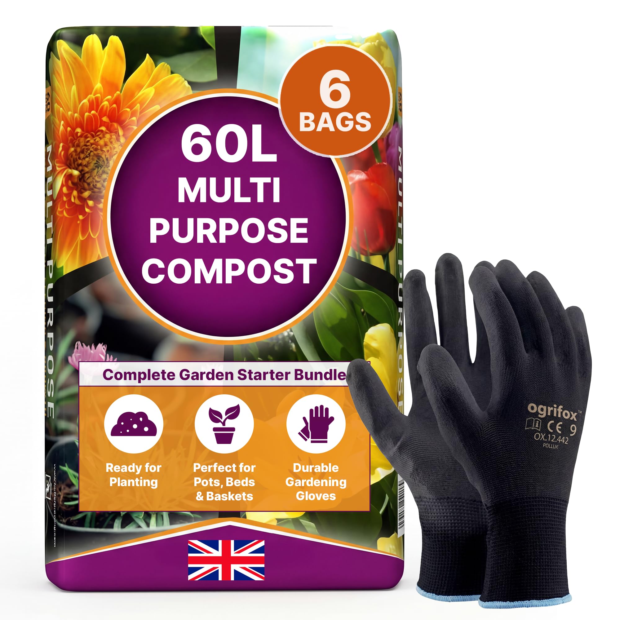 Logs Online 360L Multi Purpose Compost - 6 Bags of 60L Bundle – Potting Compost & Potting Soil with Gardening Gloves – Soil for Indoor Plants, House Plants, Garden Pots & Outdoor Pots