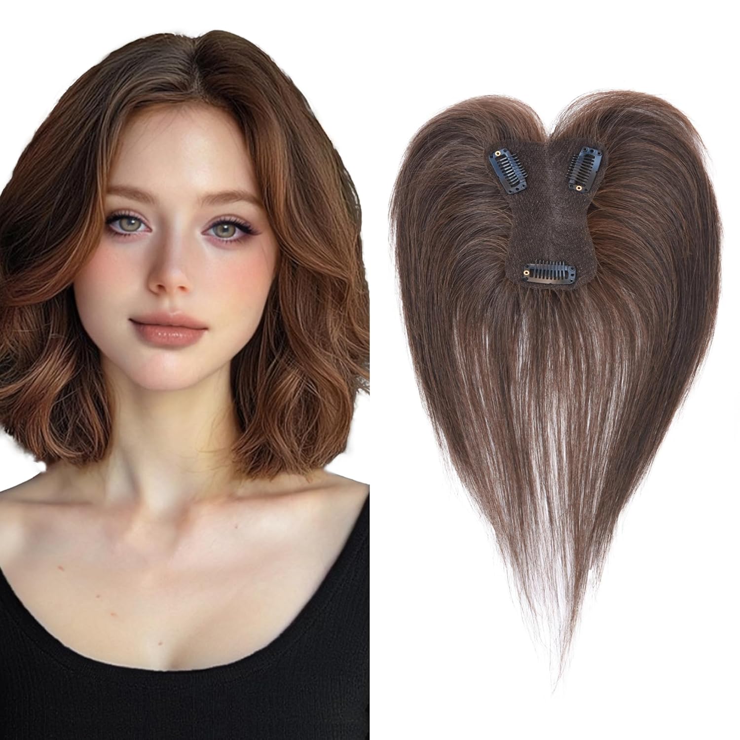 Human Hair Hand Crocheted Swissnet bottom Hairtoppers Natural No Bangs Design Clip in Toupee Suitable for Thinning Hair Women Large Coverage Hairpieces (Medium Brown, Swissnet 3"x4", 10")