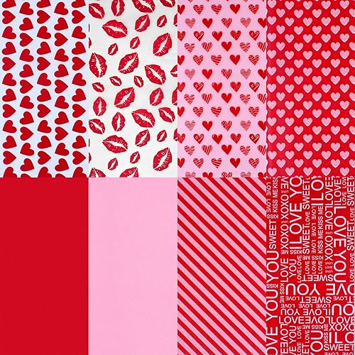 AORZIT 120 hojas de papel de seda para el día de San Valentín, 8 diseños de corazón rosa y rojo, patrón de labios, papel de regalo para San