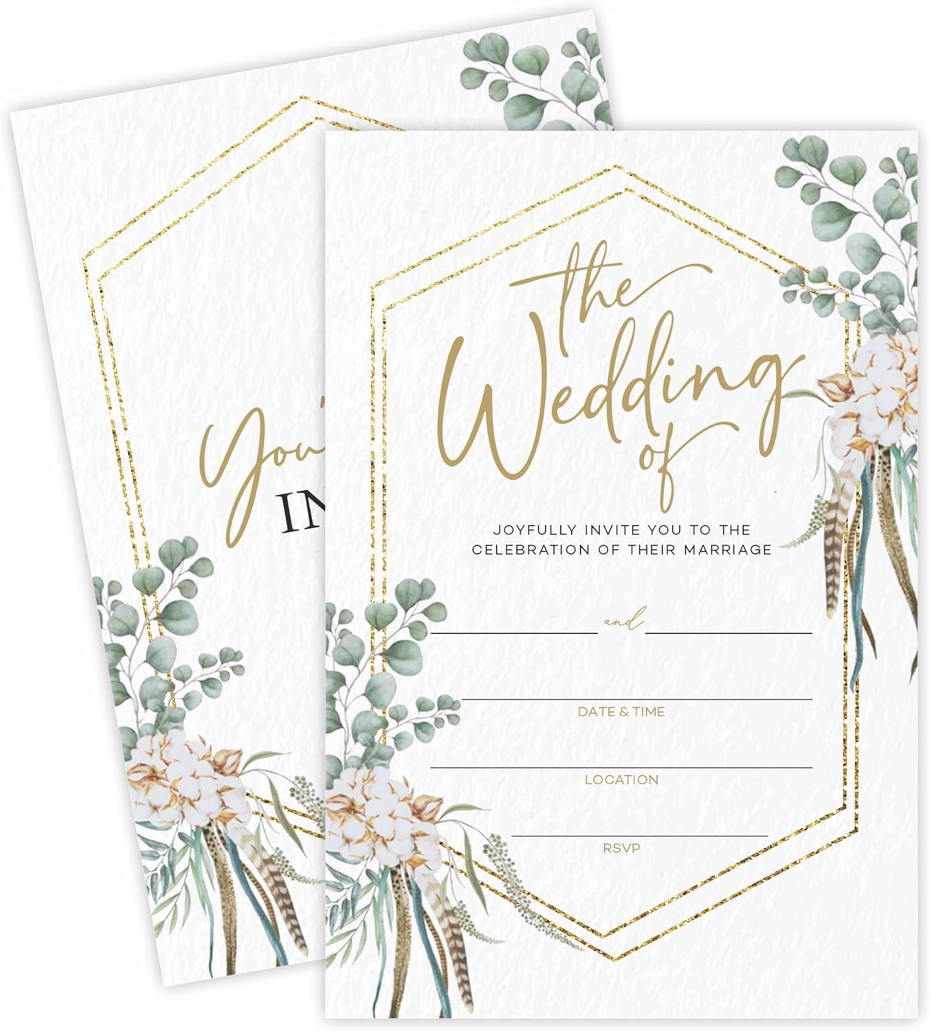 Psbrn Greenery Eucalyptus Wedding Invitations - 25 Double-Sided Fill-Out Cards with Envelopes, Bridal Shower & Engagement Party Supplies A04