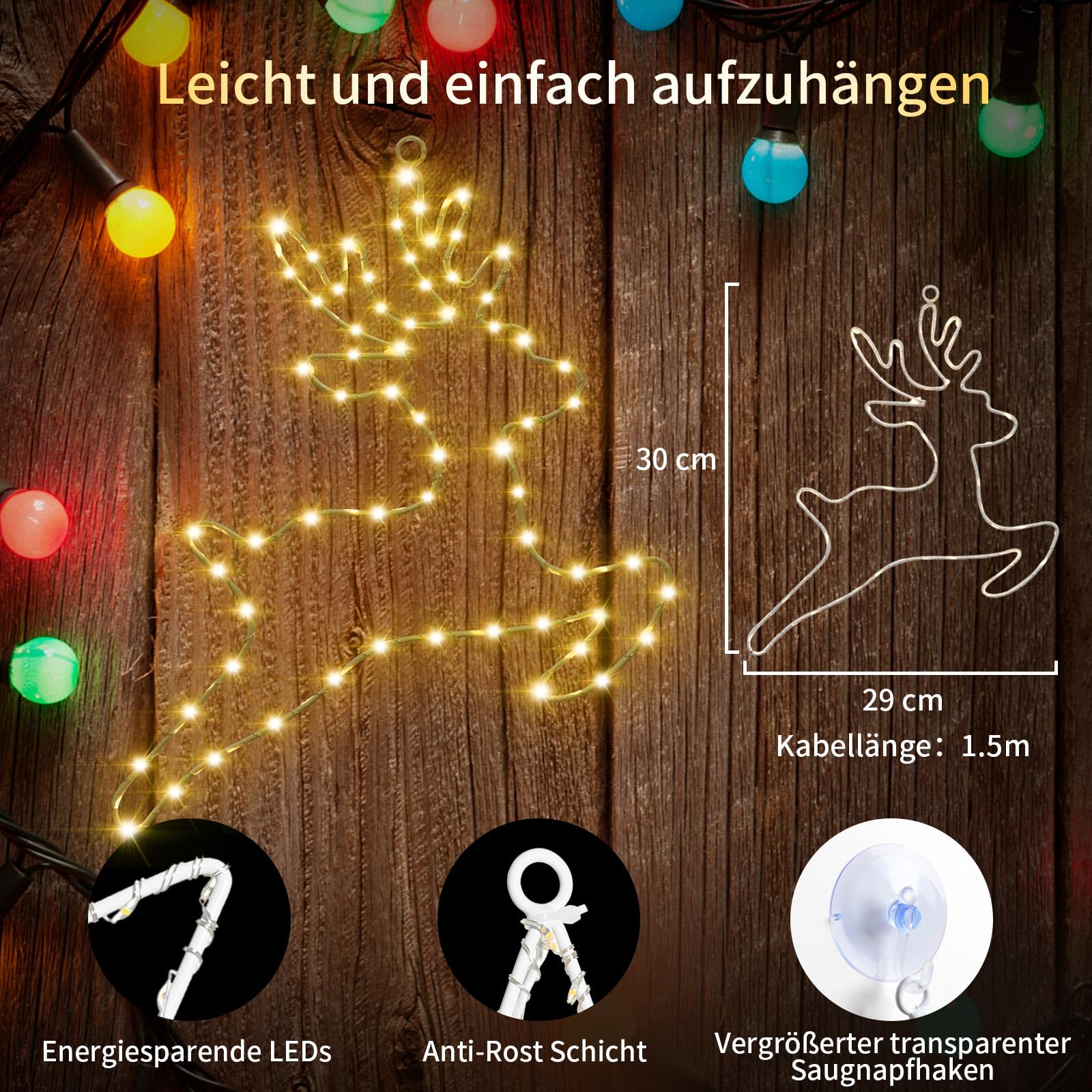 Oświetlone łańcuchy świetlne z reniferami, dekoracja bożonarodzeniowa, 2 sztuki, 80 diod LED, zasilanie bateryjne, oświetlenie bożonarodzeniowe, dekoracja okienna z timerem, 8 trybów