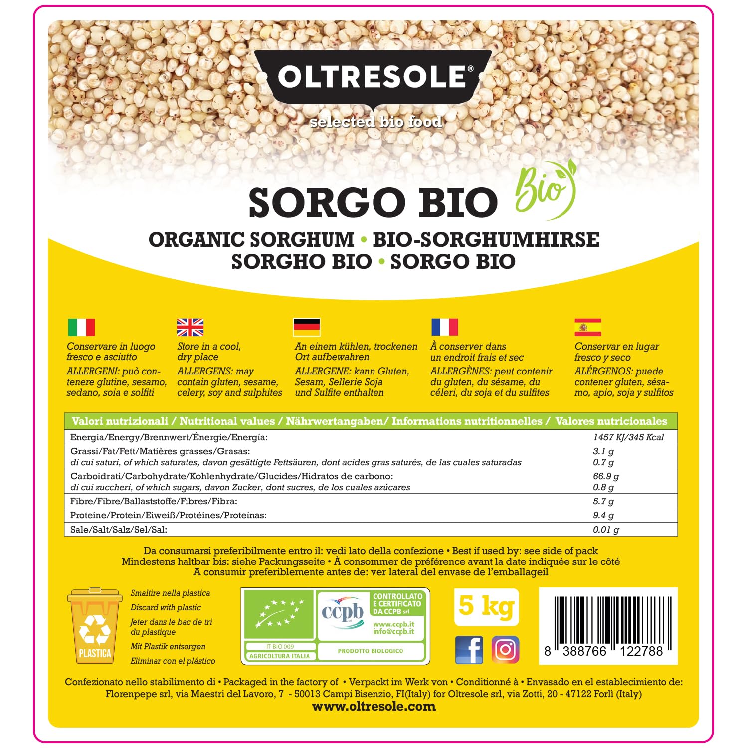 Oltresole, Sorgho blanc décortiqué biologique italien 5 kg, Céréales brutes, produites en Italie par l'agriculture biologique, Format pratique