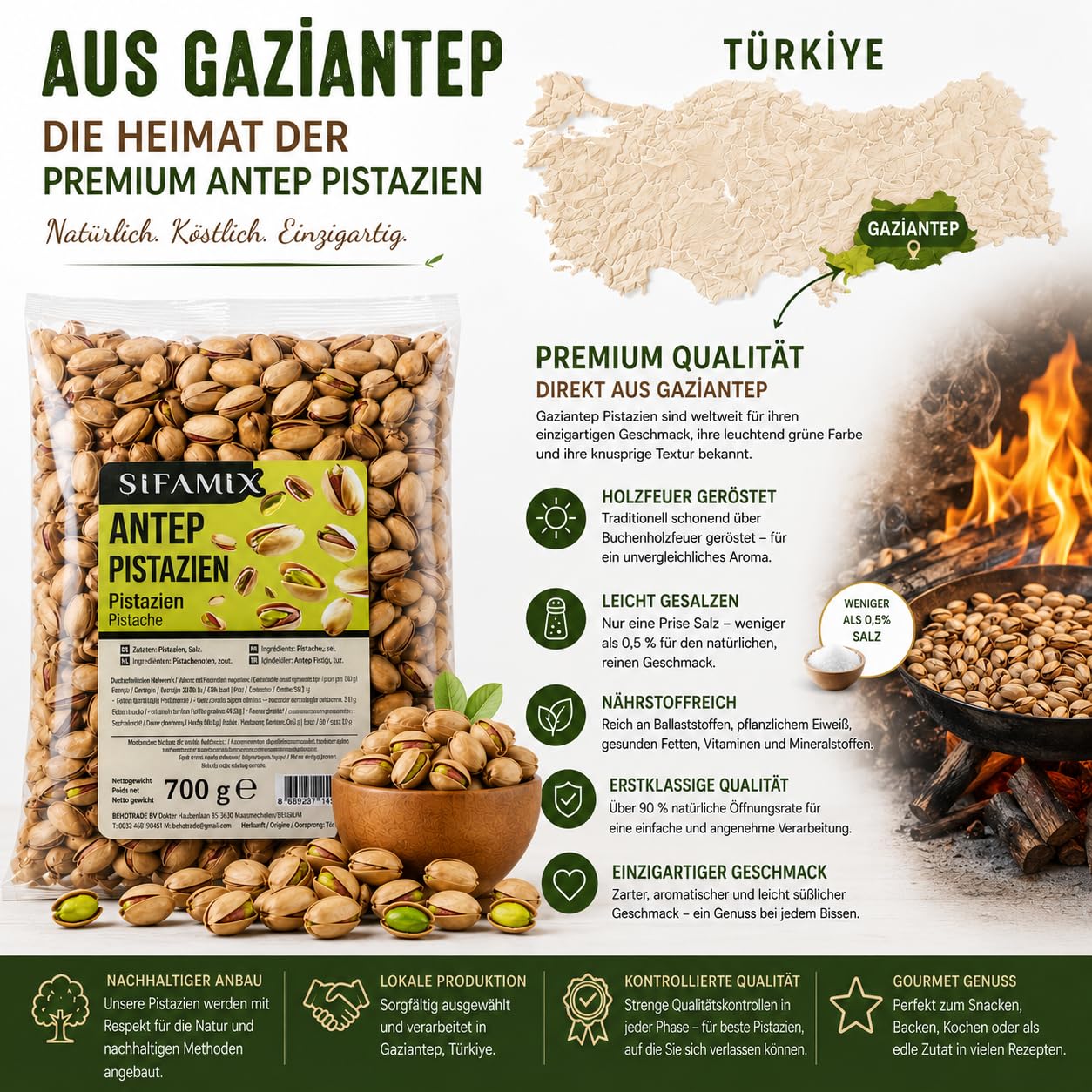 700 g Antep-Pistazien aus Gaziantep, Türkei – Geröstete und Geöffnete Pistazien in Schale | Über Holzfeuer Geröstet | Leicht Gesalzen | Charakteristisches Aroma