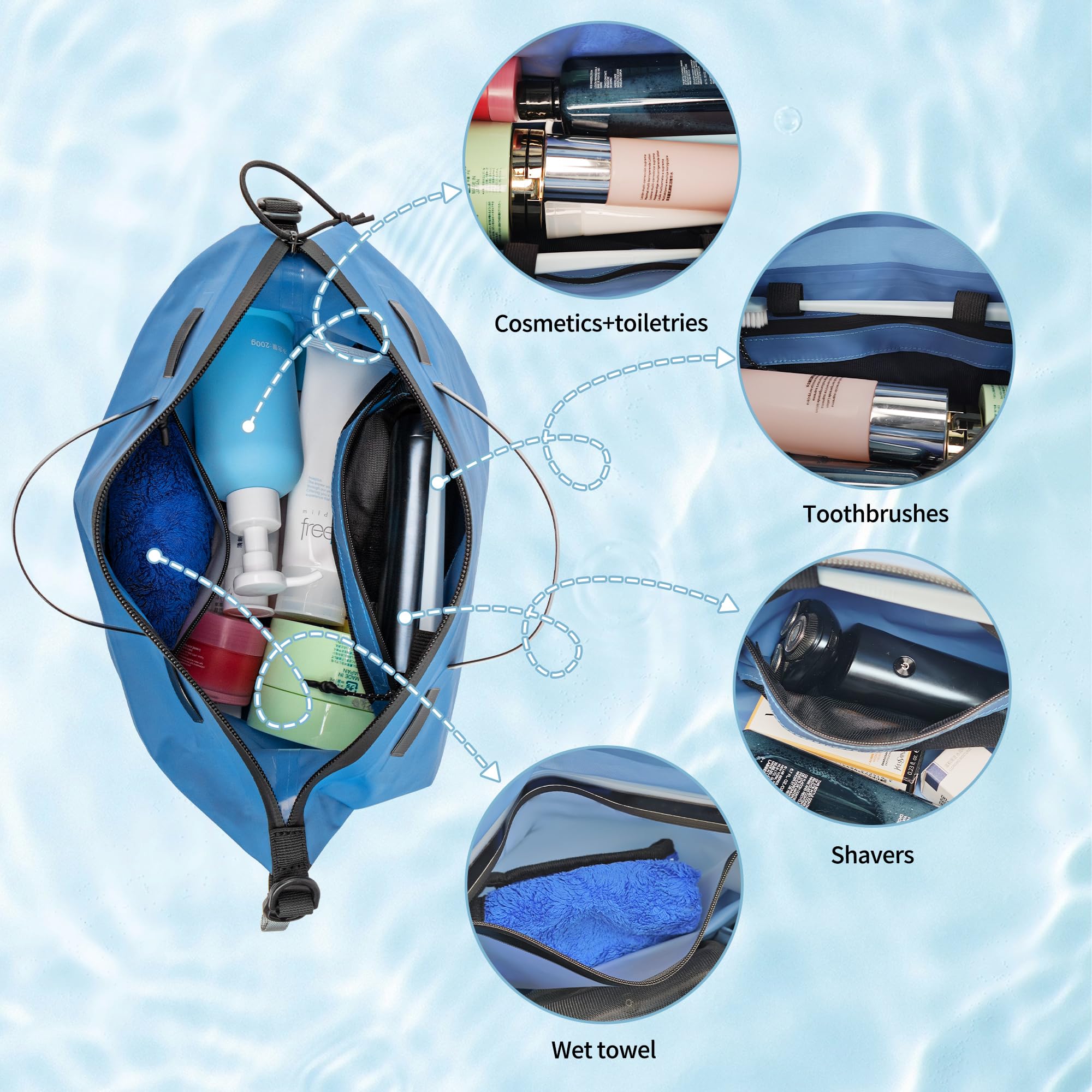 Neceser impermeable para viajes, estilos de cremallera, organizador de artículos de tocador de nailon 40D con correas de hombro para hombres y mujeres, accesorios de viaje, 2 paquetes azul