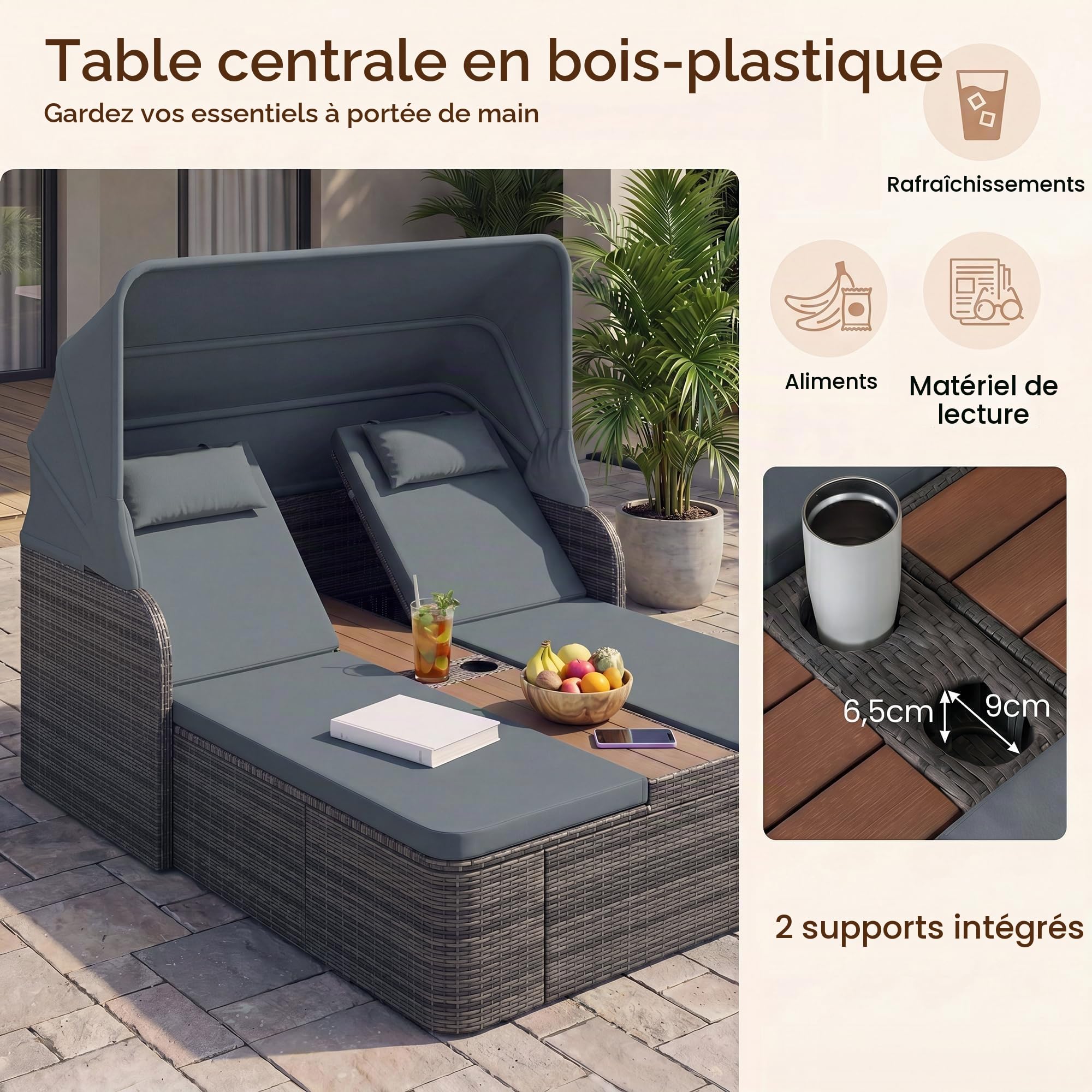 LIFEZEAL Méridienne d'Extérieur en Rotin, Lit de Repos Double en Rotin, avec Hauteur du Dossier Réglable sur 5 Positions, Auvent Rétractable, Appui-Tête, pour Jardin (Gris)