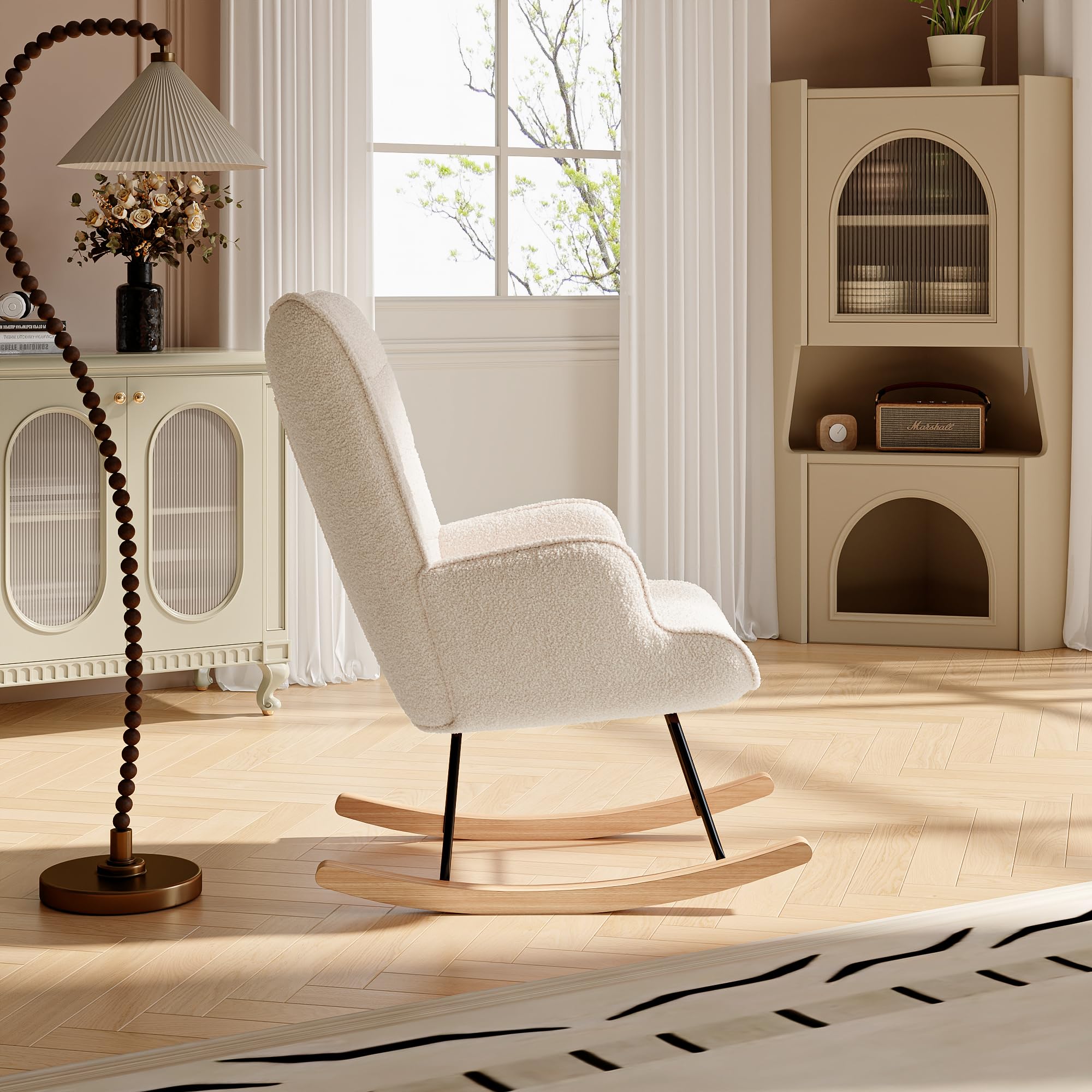 FEEOHOME Fauteuil à Bascule, Chaise à Bascule, Fauteuil Allaitement Chambre Bebe, Rocking Chair Allaitement, Velours Teddy pour Chambre à Coucher et Salon, Dossier à Carreaux