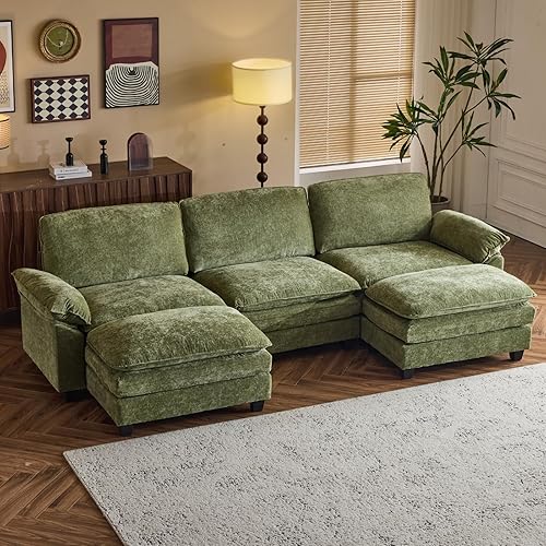 Karl home Sectional Sofa Modular Deep Seat Sofa Couch with Ottoman, Chenille Sofa Sleeper Comfy Upholstered Furniture for Living Room, Apartment, Studio, Office, (3-Seat & 2-Ottoman, Green)