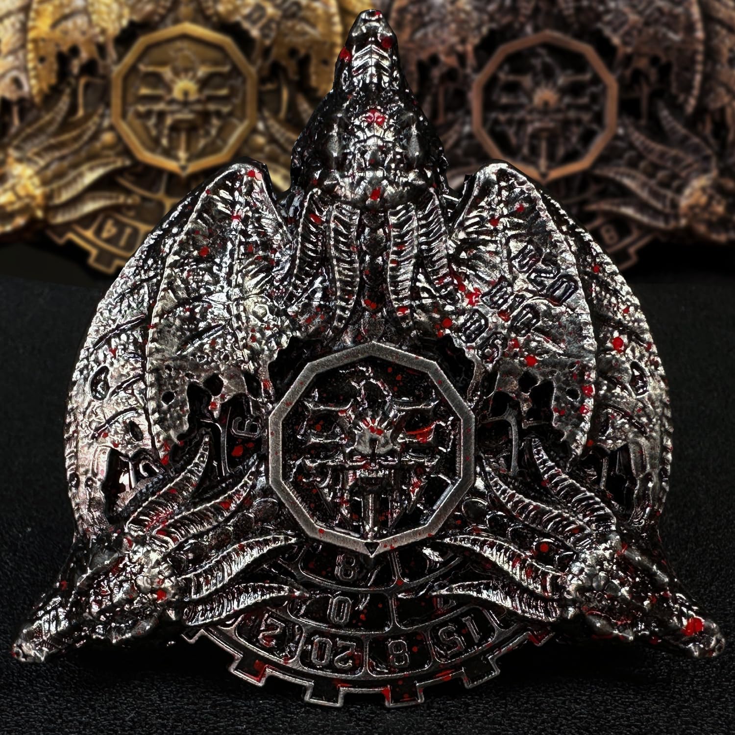 HAOMEJA Metal Spinner Dice 7 in 1 DND Dice Set, Metal Roulette D&D Dice with Gift Random Dragon Eye Bag, Dungeons and Dragons RPG Role Playing Gaming Dice (Ancient Blood Silver)