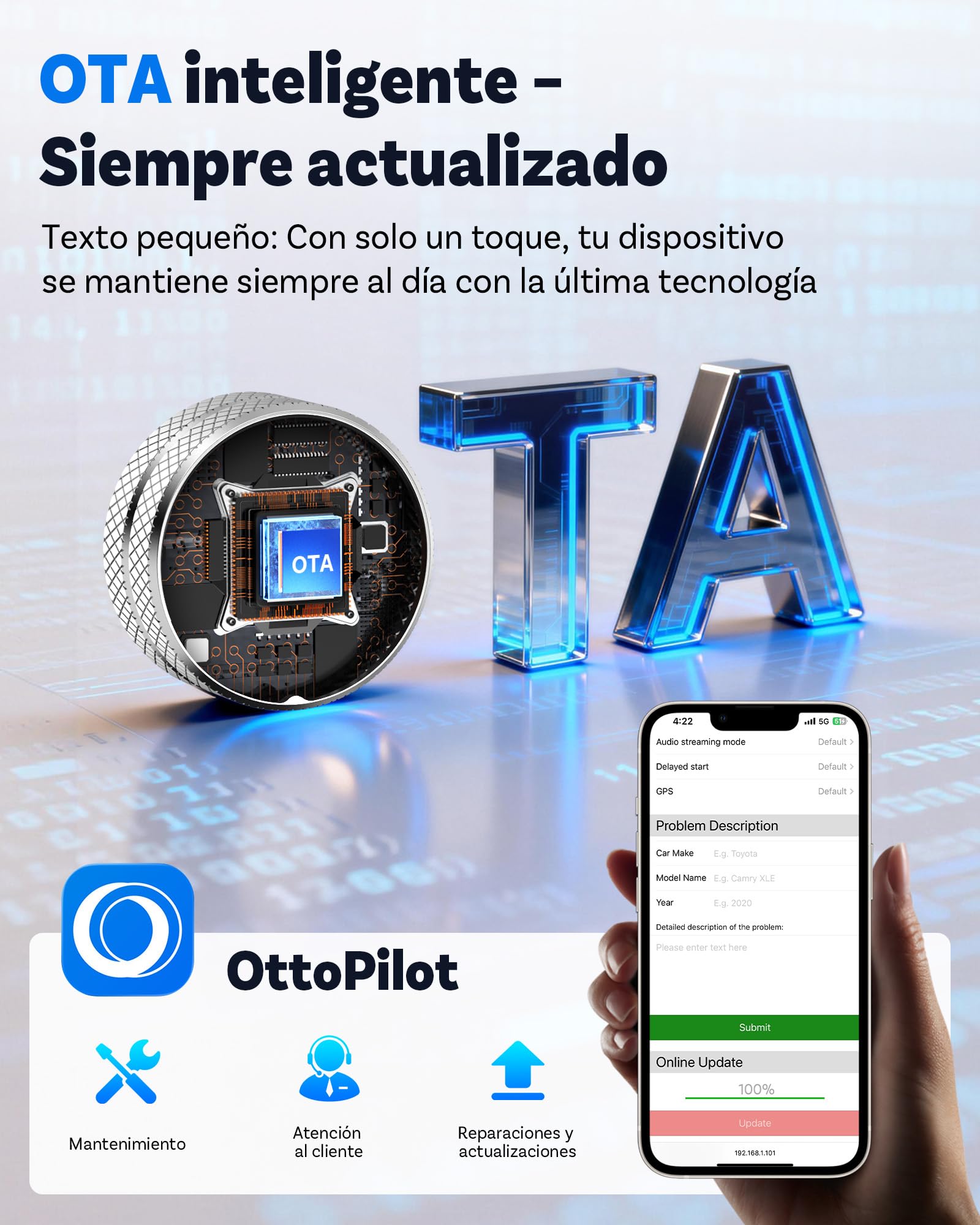 OTTOCAST Mini Tube 2026 Adaptador CarPlay Android Auto Inalámbrico para iOS 10+/Android 11+, Compatible con 99% Vehículos Desde 2016, Conexión Rápida 5-8s, USB-A/C, OTA (Excepto BMW/Tesla)