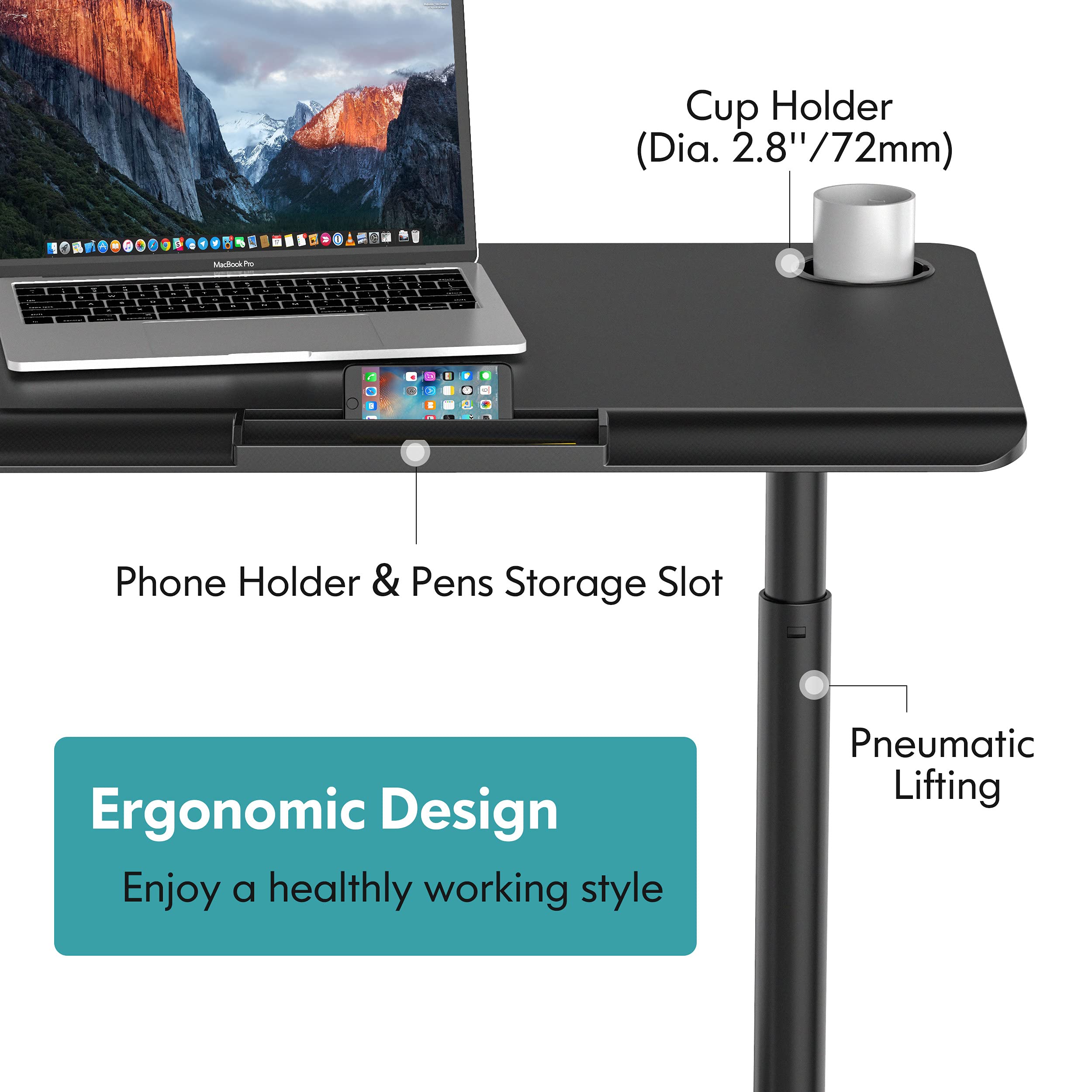 Fenge OverBed Table with Wheels Adjustable,Rolling Laptop Table Overbed