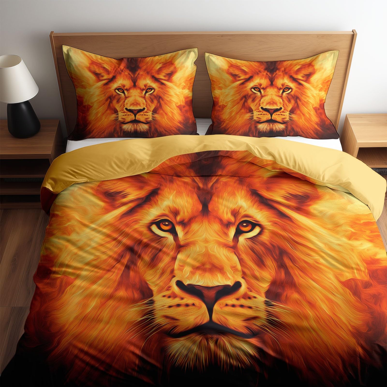 Housse de couette lion 220 x 240 cm en parure chic 3 pièces jaune doré