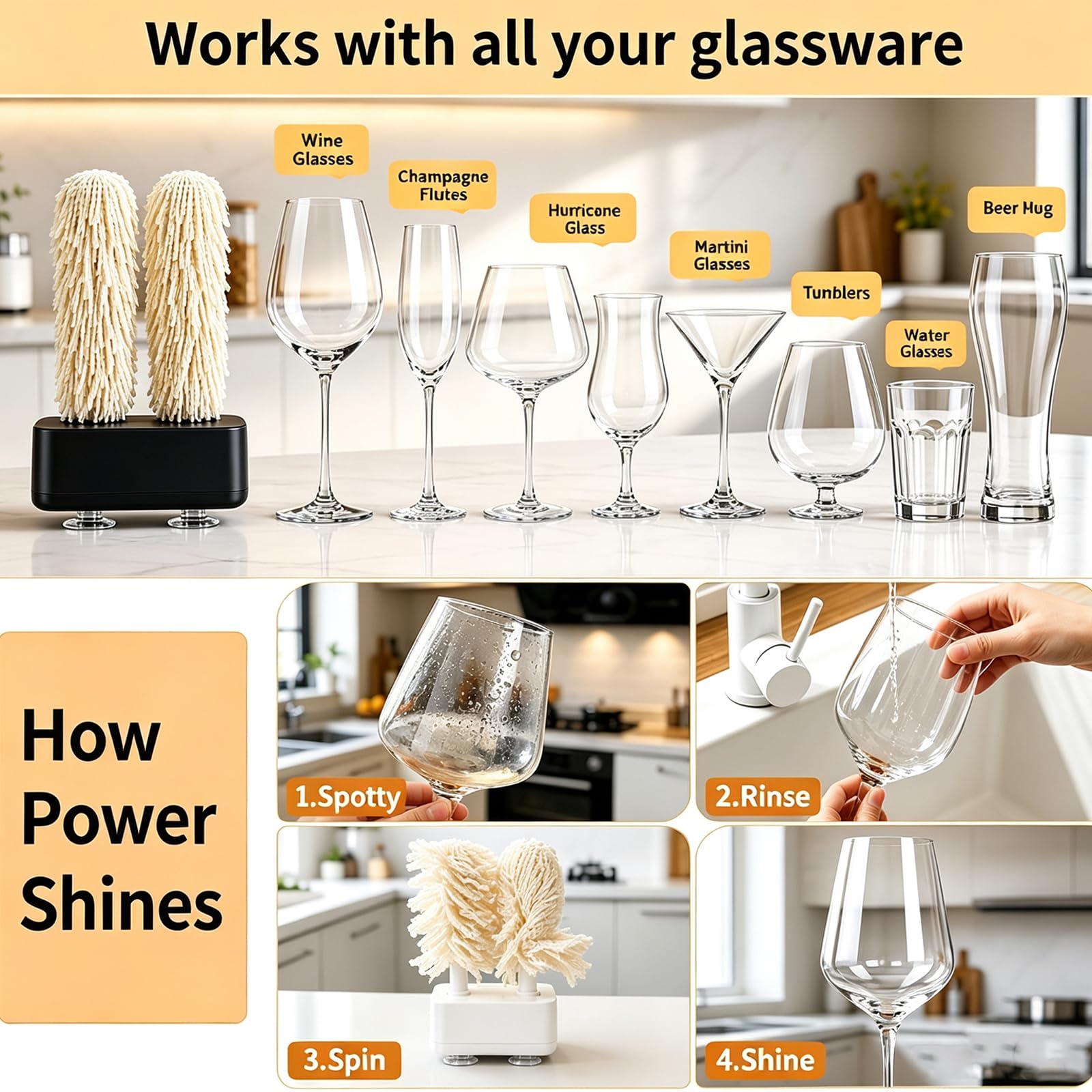 Lucidatrice Elettrica Bicchieri Da Vino,Lavabicchieri Domestico Automatico | Rotazione A 600RPM Con Asciugatura Immediata,Doppia Testina Spazzola,Rotazione 360°,Ideale Per Bar,Ristoranti,Cucine E Uso