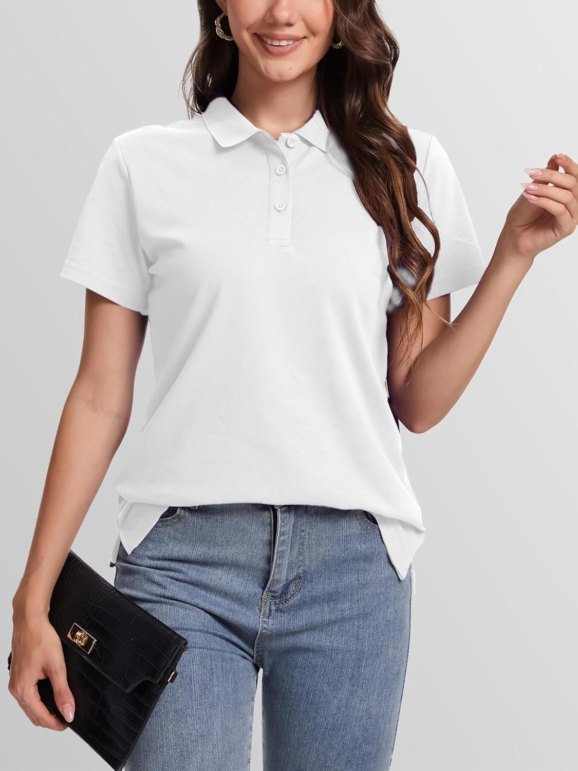 SMENG Women's Polo Shirts Cotton Pique Short Sleeve Collared 3 Button Summer Tops Work,Casual,Golf Shirt - Image 5
