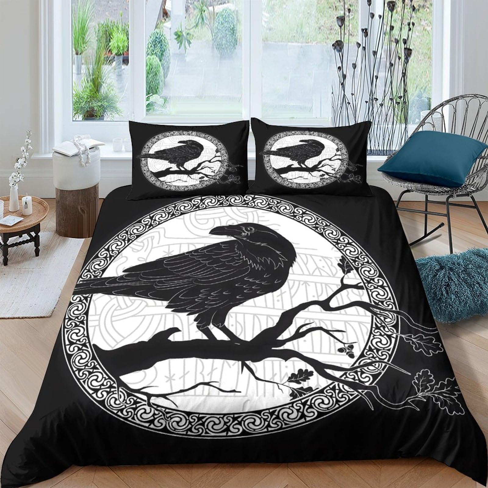 Ctjqhvkz Style-2 3D Printed Raven Moon Fitted Sheet Microfiber Black Gothic Bed Sheet Mandala Mattress Cover Bedroom Decor Single（135X200cm）