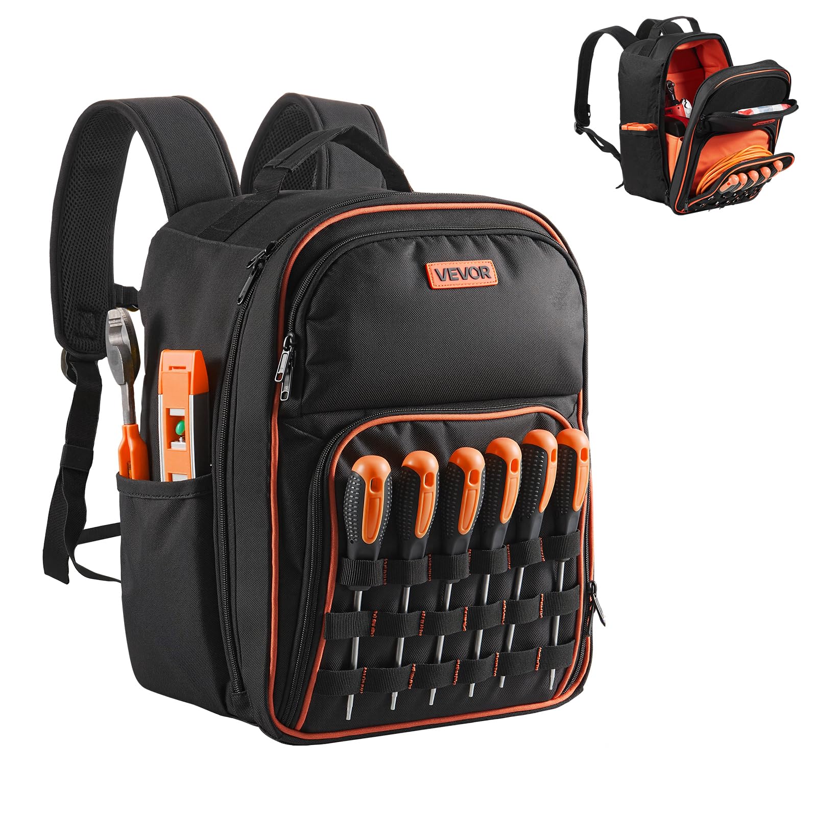 VEVOR Zaino Portautensili, 49 Tasche, Organizzatore per Attrezzi Pesanti, Zaino da Lavoro con Scomparto per Laptop e Base in Tessuto, Borsa da Cantiere per Elettricisti, Riparatori e Tecnici HVAC