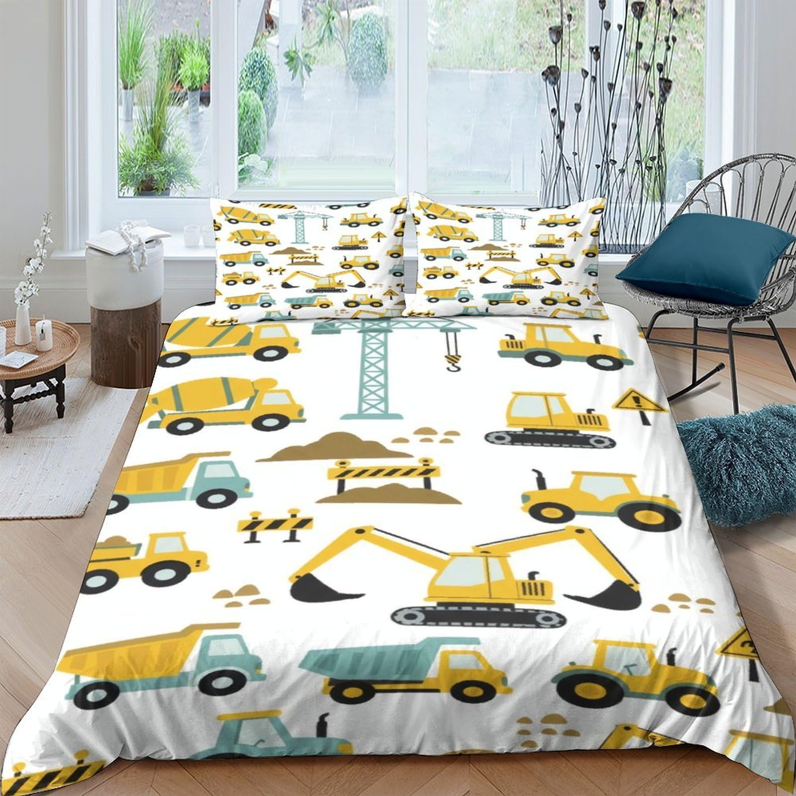 Ctjqhvkz Style-1 3D Printed Construction Vehicles Fitted Sheet Microfiber Yellow Diggers Bed Cover For Bedroom Dorm Mattress Protection Decor Single（135X200cm）