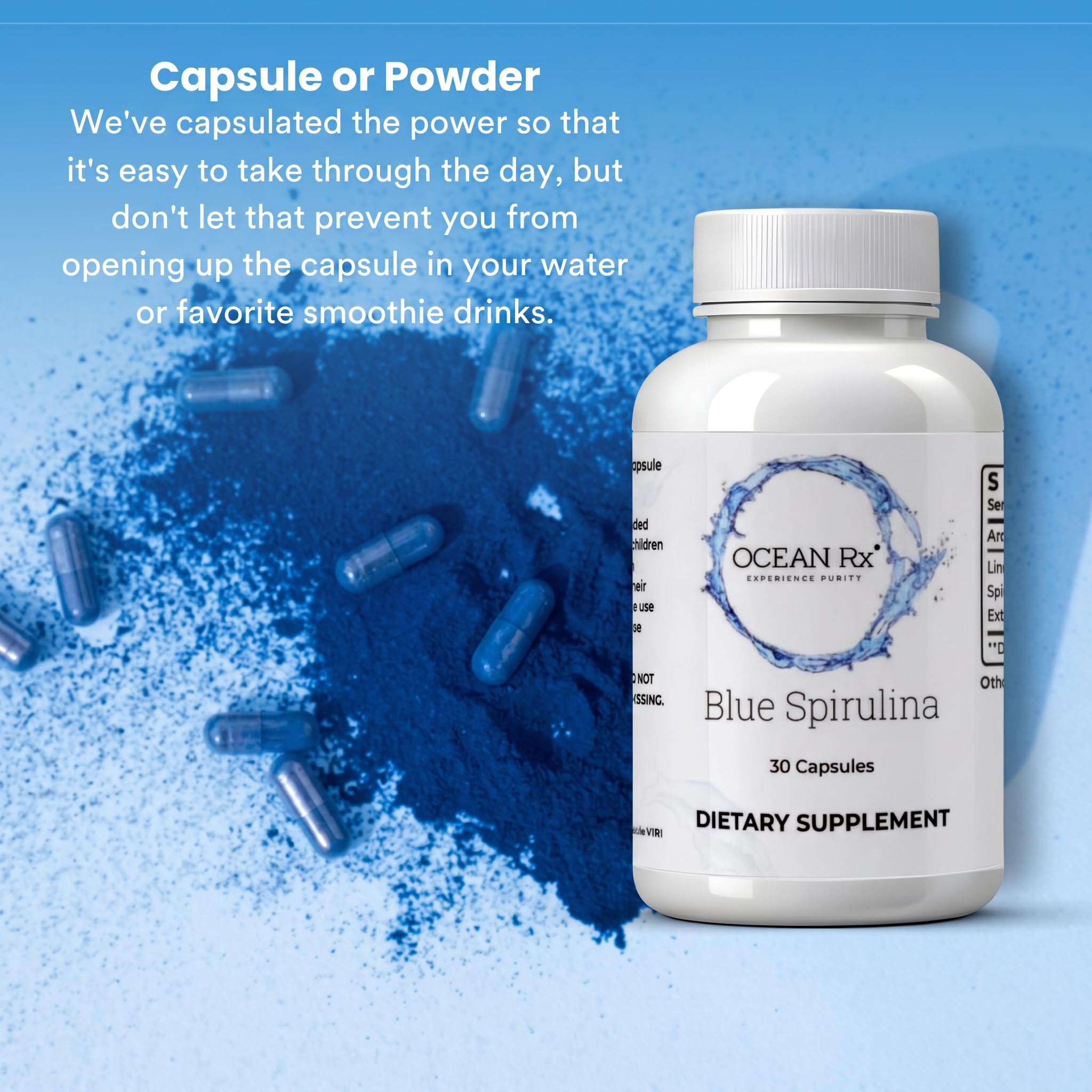 Pure Blue Spirulina Capsules | Natural Superfood | Prebiotic Phycocyanin Supplement | Healthy Skin, Oral Health, & Wound Recovery | 30 Serving Bottle — Amazon image 2