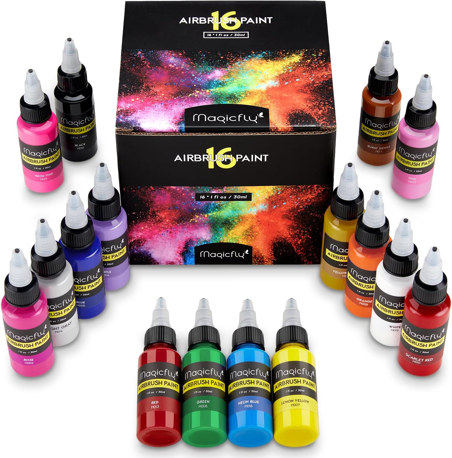 Airbrush Paint, 16 Colors Acrylic Airbrush Paint Set (30 ml/1 oz), Ready to Spray, Opaque & Neon Colors, Water-based, Premium Kit for Beginners, Hobbyist and Artists