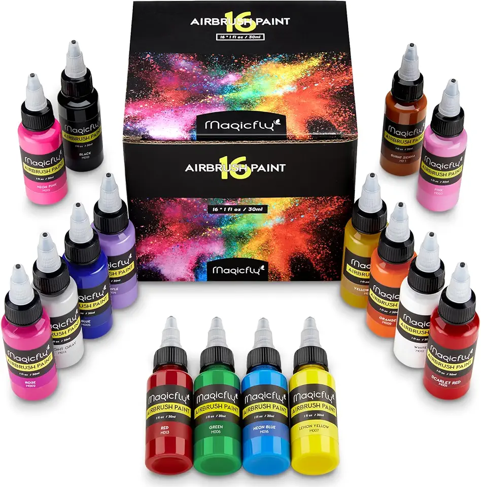 Magicfly Tinta para aerógrafo, conjunto de tintas acrílicas para aerógrafo de 16 cores (30 ml/28 g), kit de pintura para aerógrafo de para iniciantes, hobistas e artistas