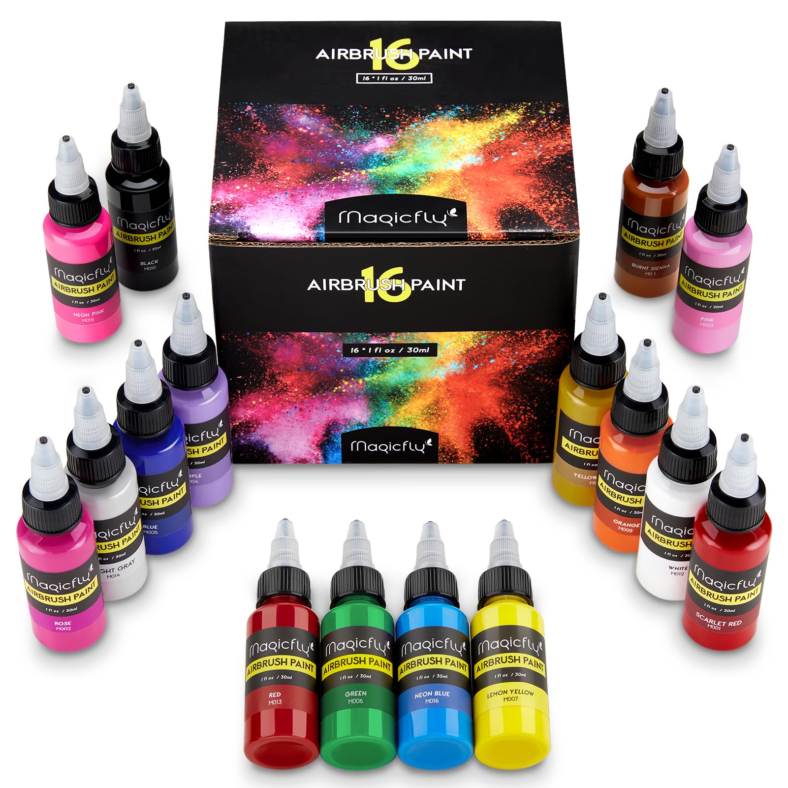 Magicfly Airbrush Paint, 16 Colors Acrylic Airbrush Paint Set (30 ml/1 oz), Ready to Spray, Opaque & Neon Colors, Water-based, Premium Kit for Beginners, Hobbyist and Artists