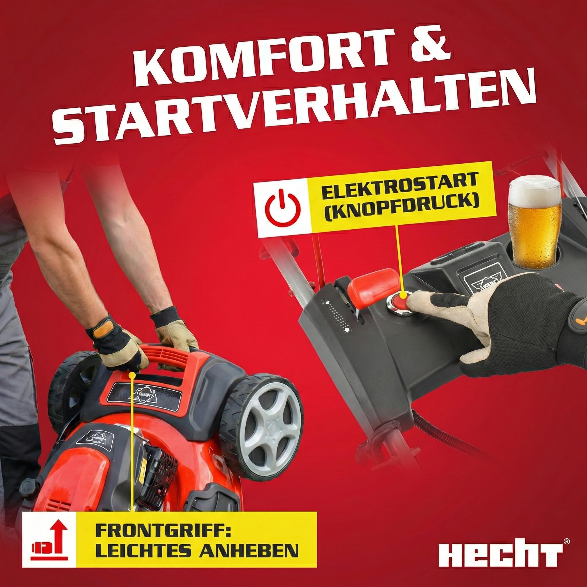 HECHT 5-in-1 Benzin Rasenmäher 5,5 PS Elektrostart 51 cm | 4-Takt-Motor 4,0 kW, 65 L Fangkorb, Radantrieb, patentierte Räder, Mulchmäher und Rasenmäher