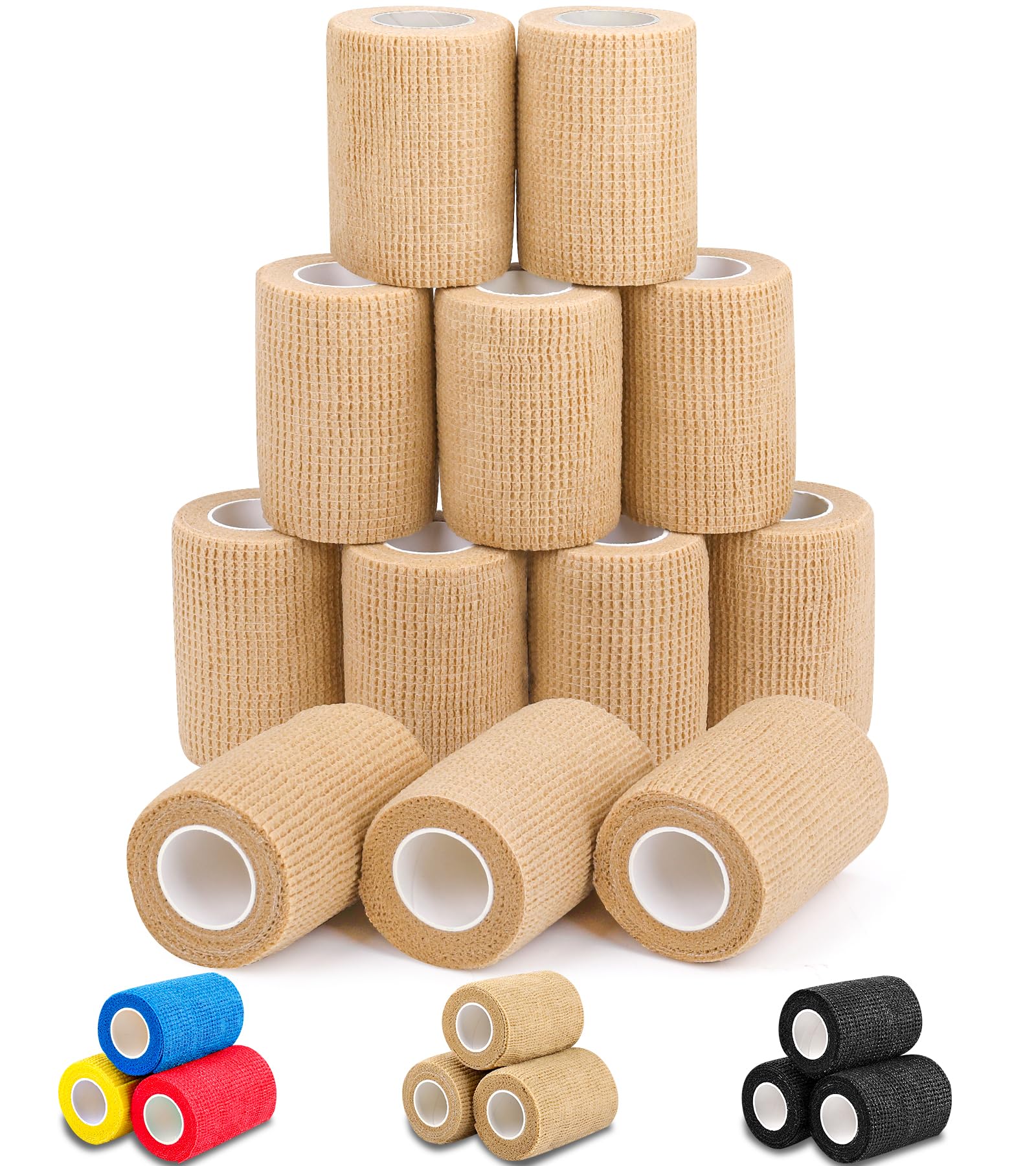 AZEN 12 Pack Self Adhesive Bandage Wrap, 3" X 5 Yards Elastic Cohesive Bandage Wrap, Vet Wrap, Ankle Tape, Tattoo Grip Tape Wrap, Skin Color Athletic Tape