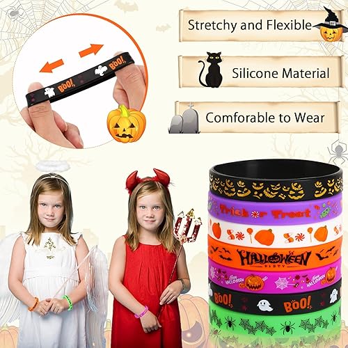Miniatura 4 de JUNEBRUSHS 42 pulseras de silicona para fiestas de Halloween, pulseras de goma para decoración de fiesta de Halloween, accesorios de relleno de