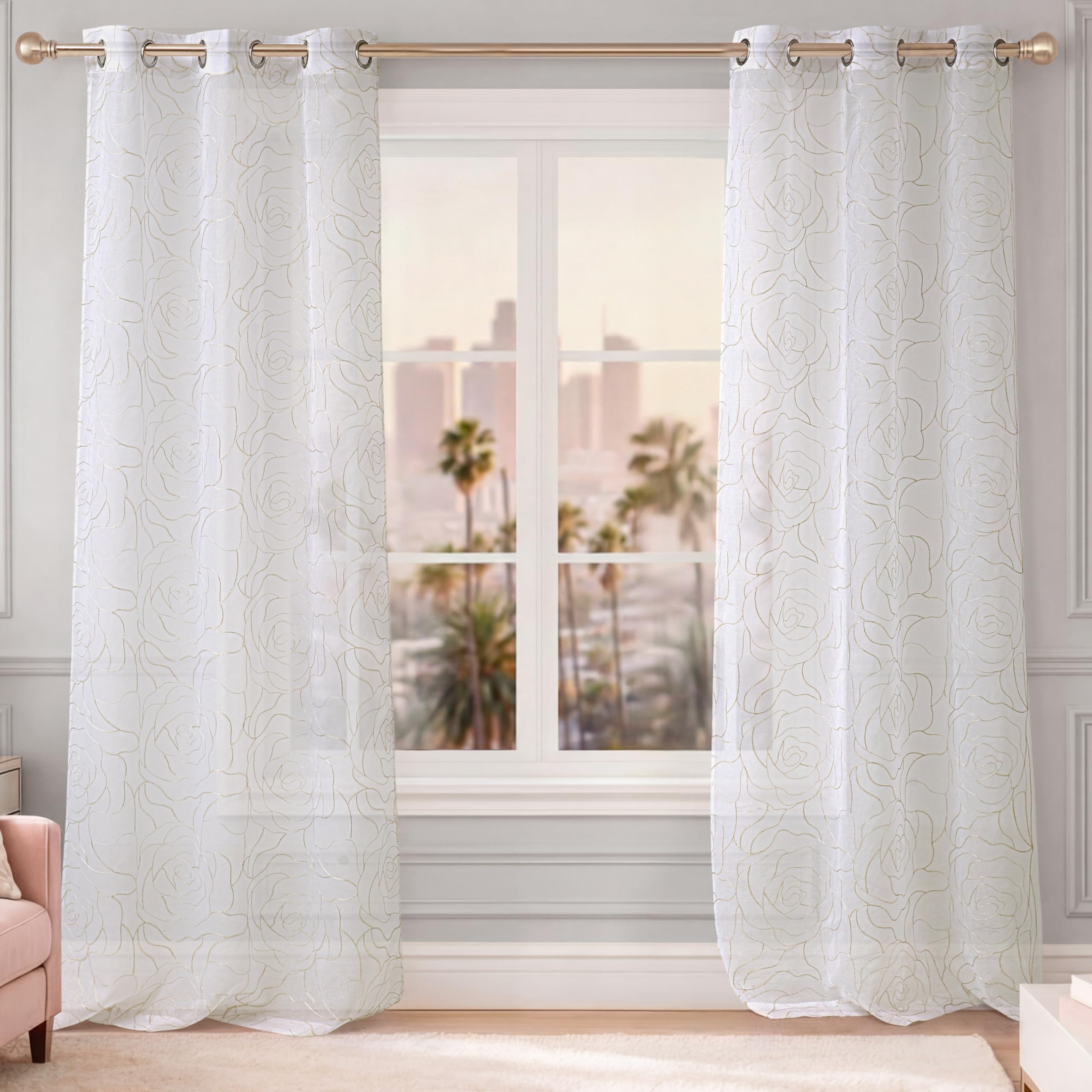 Juicy Couture Rose Swirl Floral Sheer Grommet Window Curtain Panel Pair, White Gold, 37" x 84"