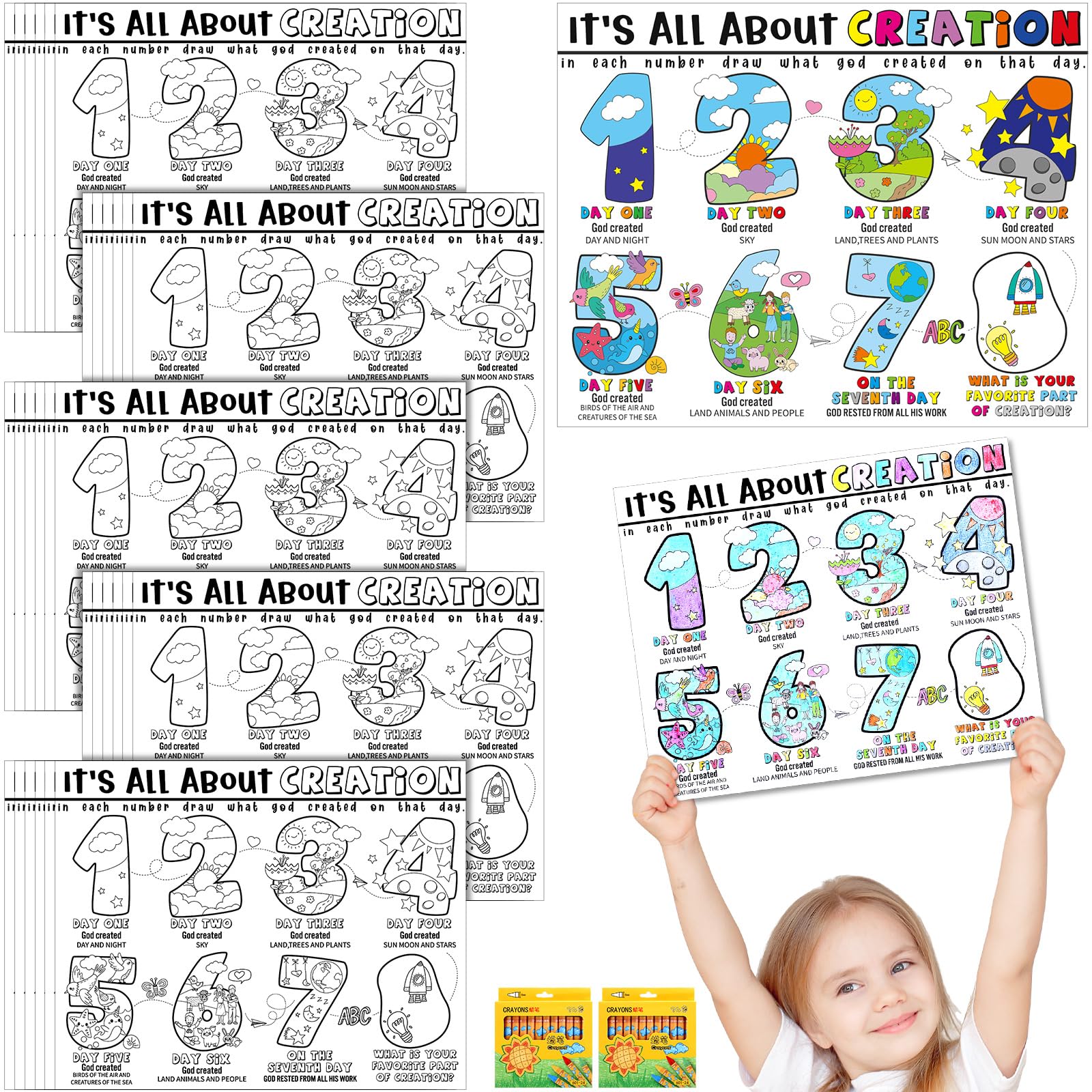 MotiMind 30 Sets 7 Days of Creation Religious Crafts Coloring Poster for Kids Christian Color Your Own It's All About Creation Posters Bible Crafts for VBS Sunday School Religious Home Party Supplies