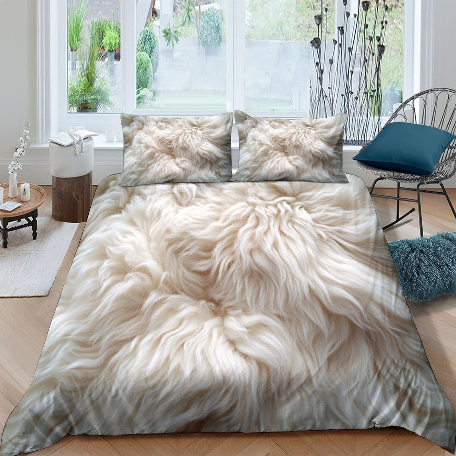Ctjqhvkz Style-3 3D Printed Fluffy Fur Texture Fitted Sheet Microfiber Soft Breathable Creamy Beige Mattress Cover Bedroom Decor Single（135X200cm）