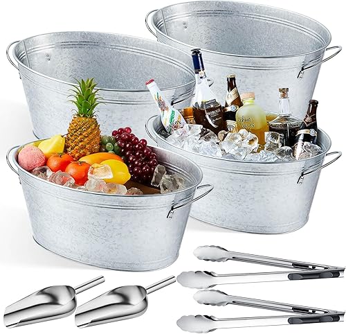 Tessco Paquete de 4 tinas de bebidas galvanizadas de 6.3 galones, cubeta de hielo con 2 cucharas de hielo y 2 pinzas de acero inoxidable aisladas,