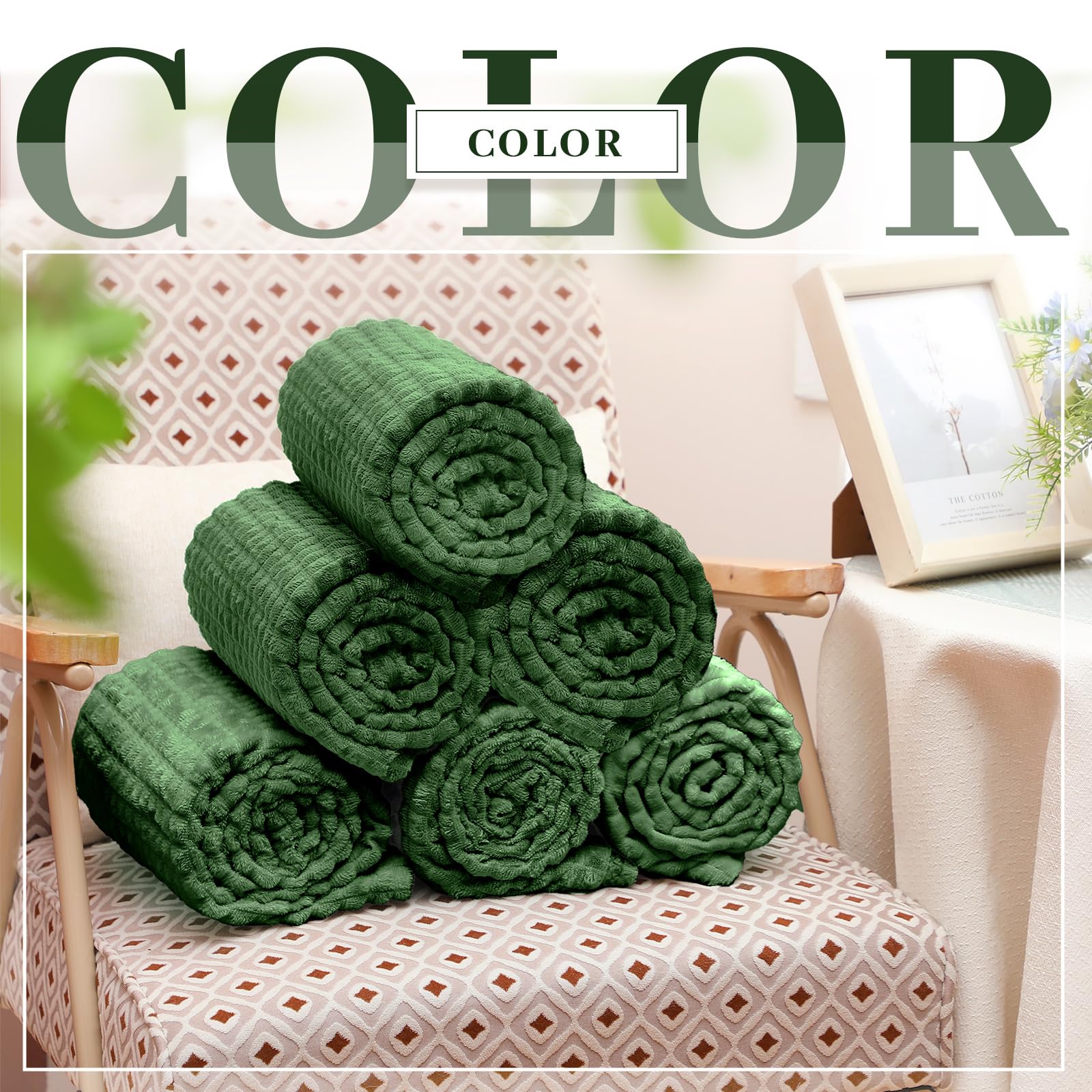 Buryeah 12 coperte in pile di flanella, 127 x 152 cm, per matrimoni, design a griglia jacquard 3D, morbida e sottile, per divano, sedia, regali di donazione (verde scuro)