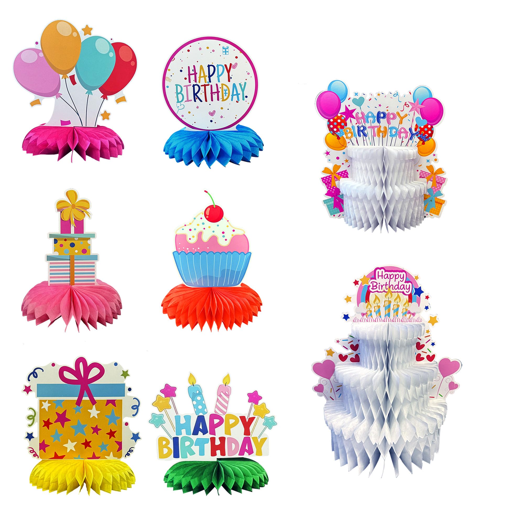 Happy Birthday Table Decorations Honeycomb Centerpiece Decor for Party Tables Colorful Fake Birthday Cake Kit Center Pieces 8 Pack Supplies