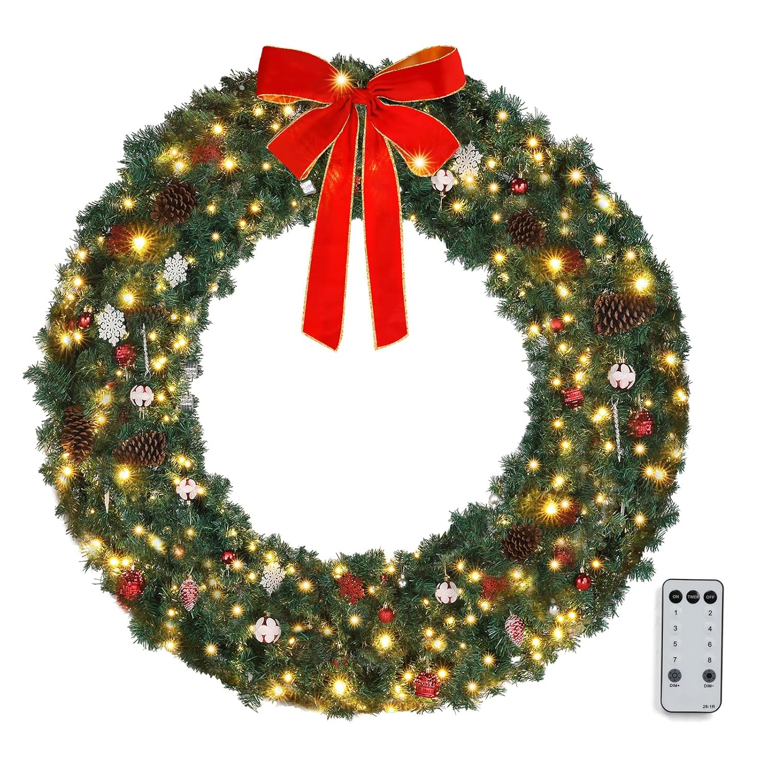 VINGLI 48-Inch Pre-Lit 150-LED Christmas Wreath