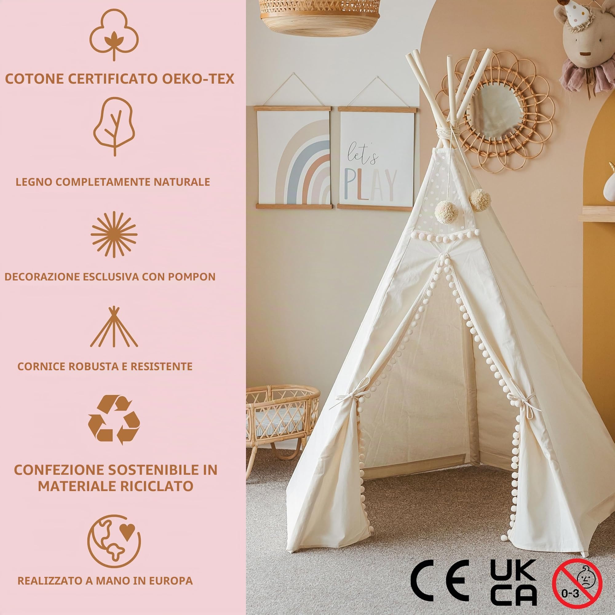 MINICAMP Tenda Tipi Originale per Bambini, Realizzata a Mano in Tela Naturale e Legno, Gioco da Soggiorno per Ragazze e Ragazzi, Stabile con Pompon