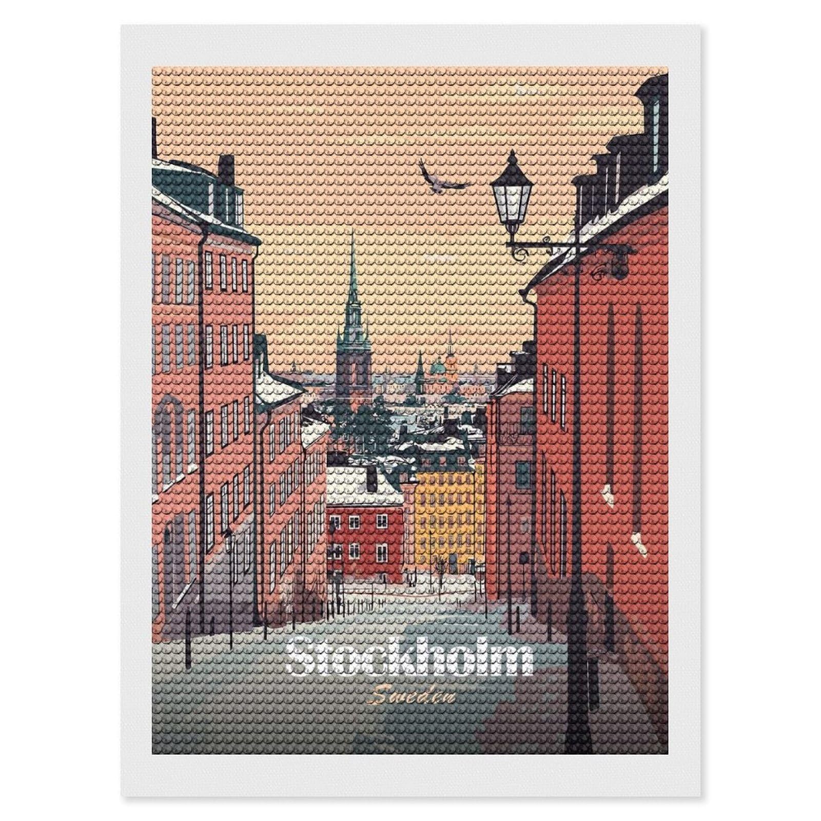 Junmoney Stockholm, Sweden Cityscape Illustration Diamond Painting Canvas Kit 12"x16", Round Gems, Living Room Decor, Seasonal Gift Choice, Modern Decor