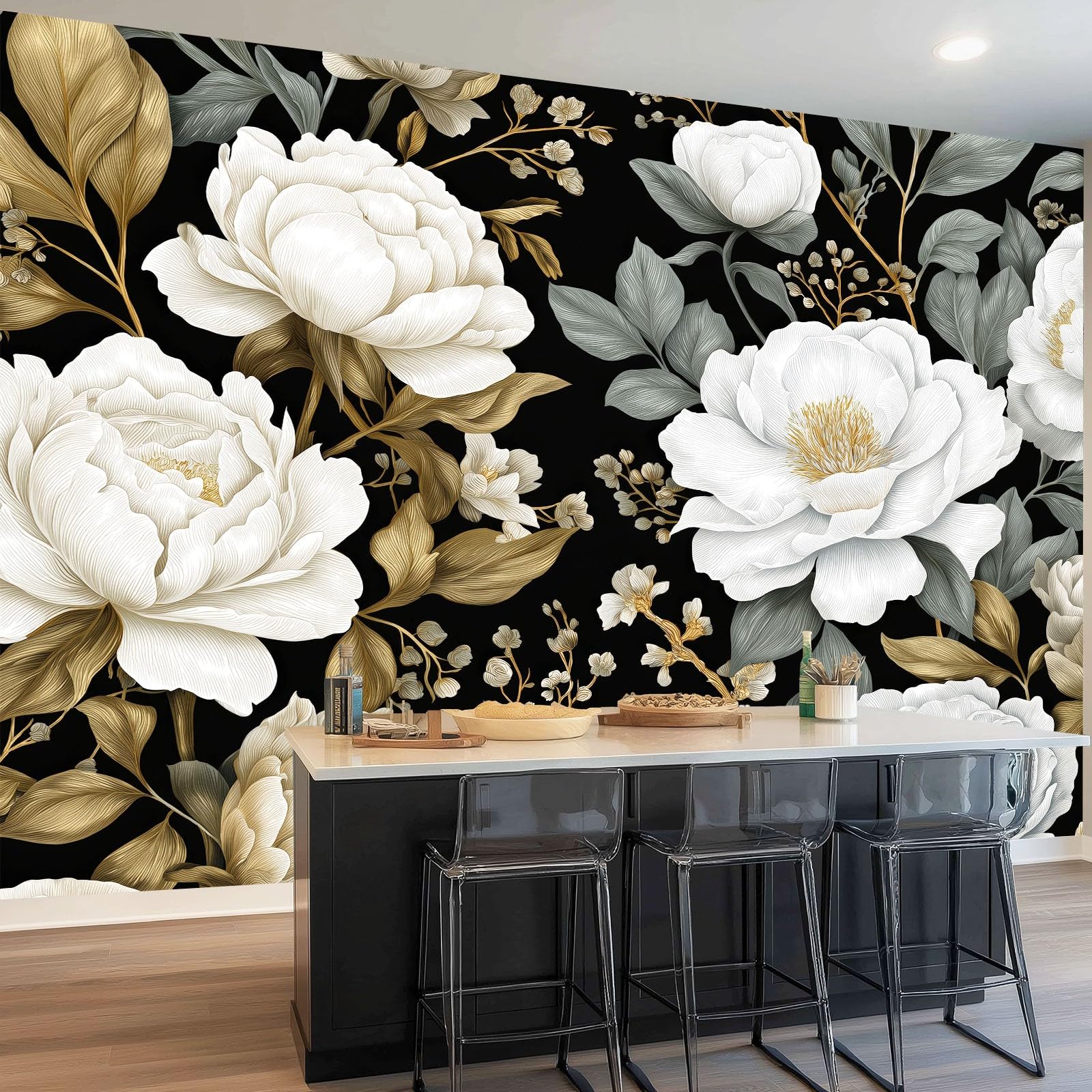 Fototapeta Luksusowy Styl Niedrogi Fotografia Fototapeta Do Sypialni Pokój Dziecięcy, 300 x 210 cm Dekoracja Ścienna Tapeta Artystyczna, Złota Piwonia Złota Gałąź