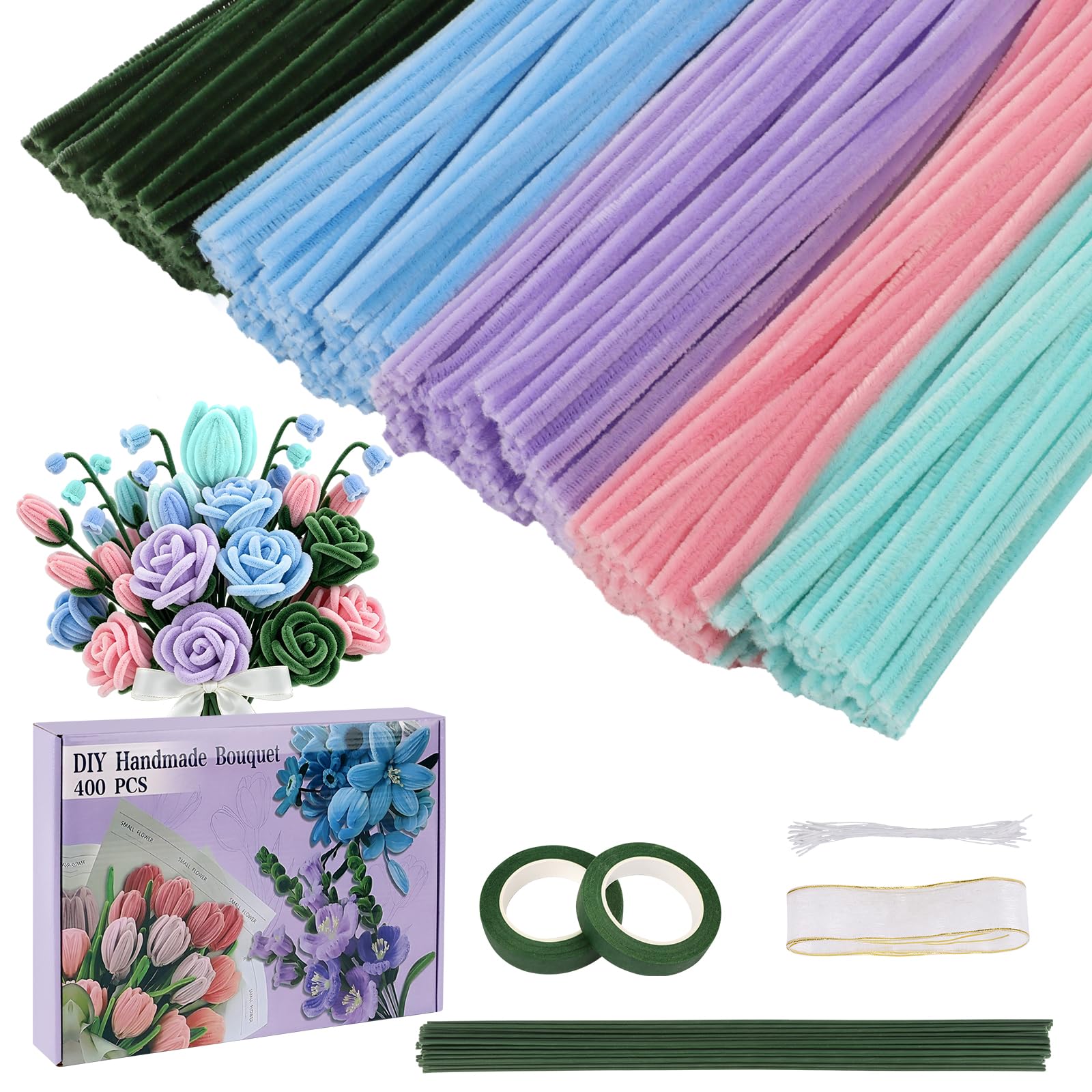 Lemicin 426pcs Pipe Cleaners for Craft Flowers, 5 Colours Pipe Cleaners for Tulip Bouquet, Fuzzy Sticks Craft Supplies for Flower DIY Craft Kit Gift, Chenille Stems Arts & Crafts (Multicoloured)