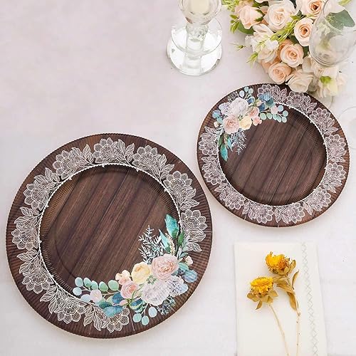 Efavormart - Paquete de 25 platos llanos de papel con estampado de madera rústica marrón de 10 pulgadas con borde de encaje floral, platos redondos