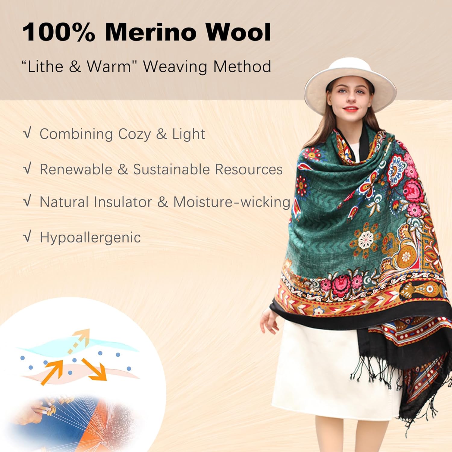 DANA XU 100% Merino Wool Pashmina Shawl for Women 96"x43", Oversized Cashmere Wrap with Tassels, Floral Travel Blanket Cape - Image 4