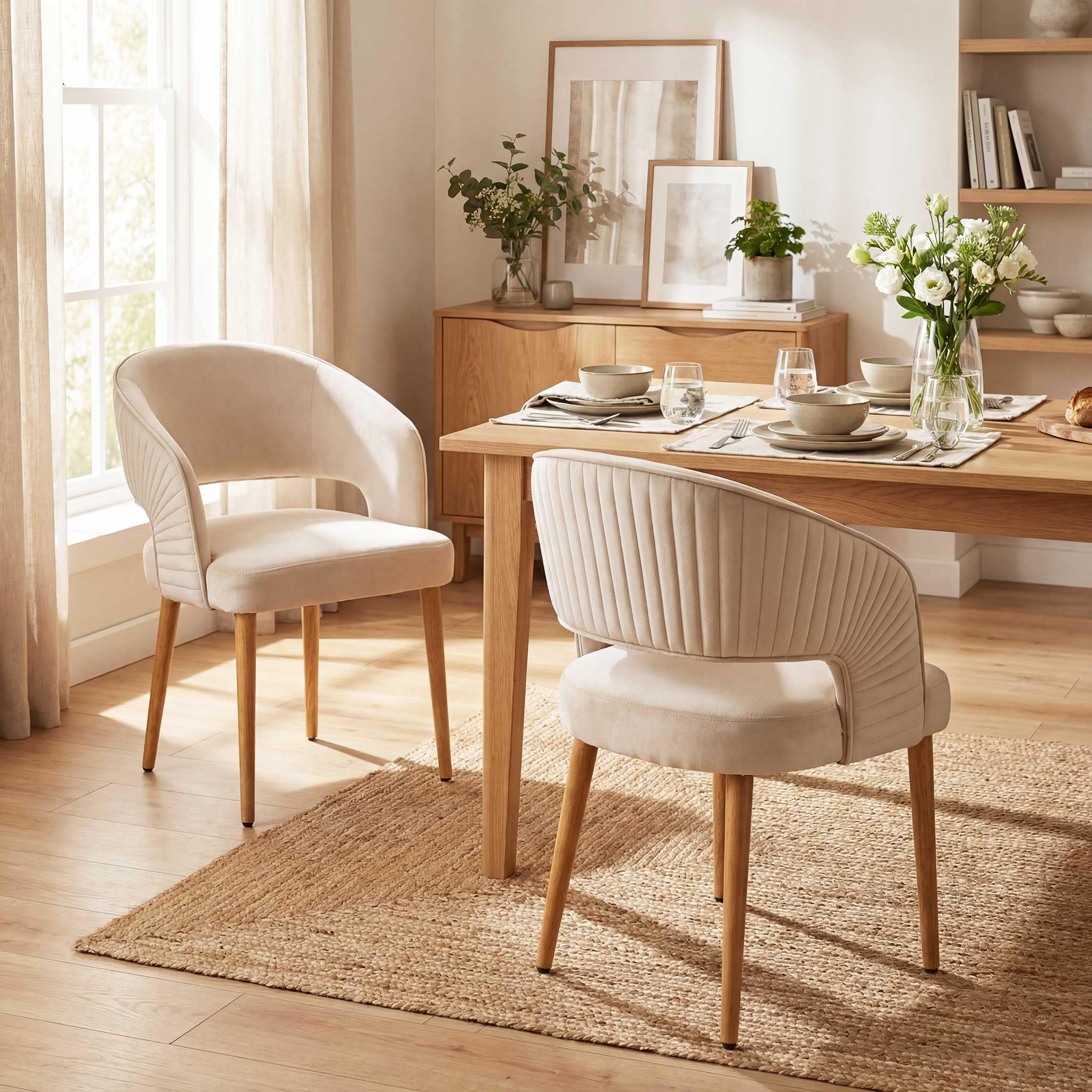 younturn Modern Velvet Upholstered Dining Chairs Set of 2, Comfortable Padded Kitchen Chairs with Armrests, Curved Backrest and Solid Wooden Legs for Dining Room, Kitchen, Living Room, Cream