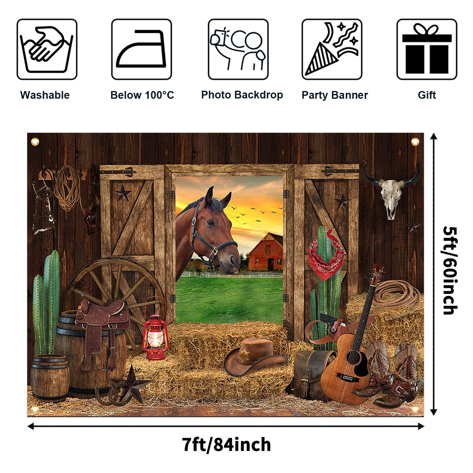 Avezano Western Cowboy Backdrop Western Rustic Horse Wooden Barn Photography Background Wild West Rodeo Party Decorations Banner for Kids Adults Western Cowboy Party Supplies (7x5ft)