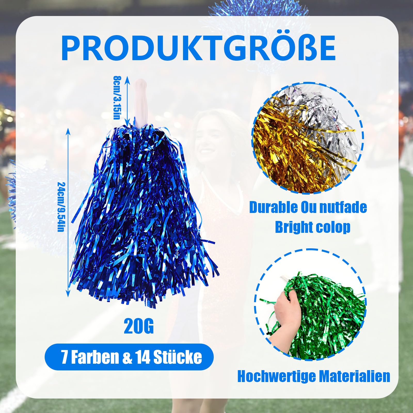 14 Stück Cheerleader Pompons, 7 Farben, mit Handgriffen - Leicht, tragbar