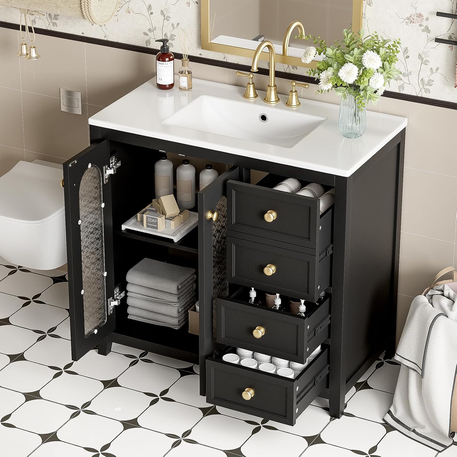 36" Bathroom Vanity with Single Sink Combo, Freestanding Bathroom Storage Cabinet with Ceramic Sink Solid Wood Bathroom Sink Cabinet with a Soft Close Glass Door, Adjustable Shelves and Three Drawers