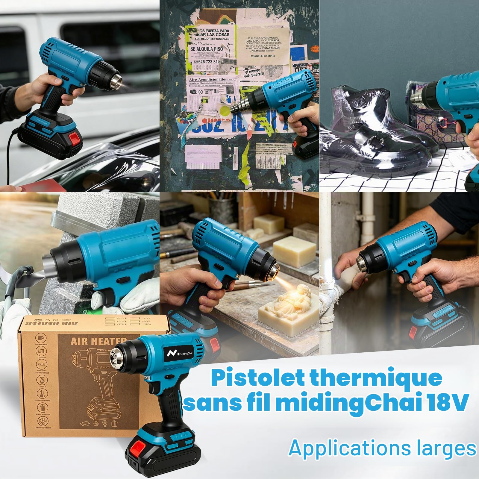 Décapeur Thermique sans Fil pour Makita 18V, Chauffage Rapide, avec 3 Buses | Souffleur Thermique, 60-540℃, Écran LCD Protection Surchauffe, pour Bricolage Gaine Thermorétractable, sans Batterie