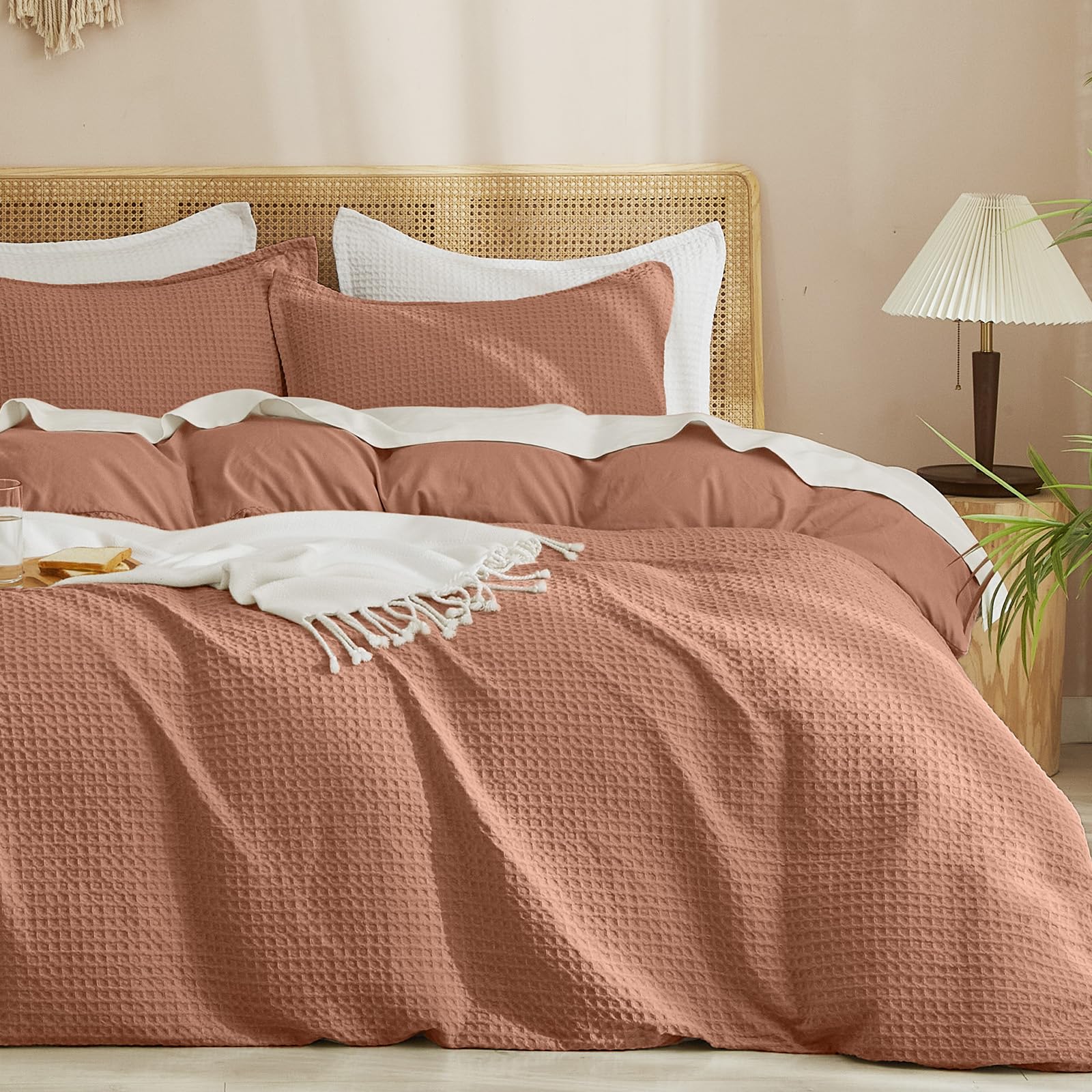 phf waffle weave duvet cover set king size, no snagging ultra soft luxury textured breathable comforter cover for all season 3pcs, durable bedding duvet set with 2 pillow shams, 104"x90", terra cotta