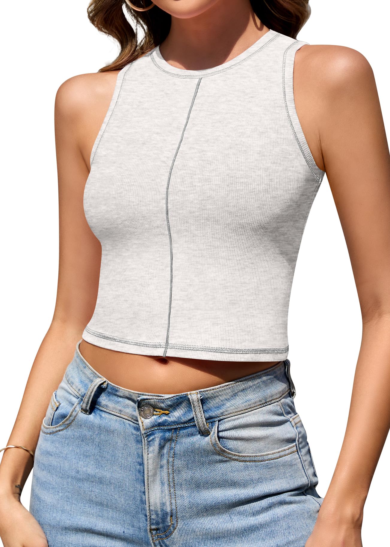 Women High Neck Crop Tank Tops Fashion Summer Casual Basic Slim Fit Ribbed Racerback Top Sleeveless Y2K Shirts